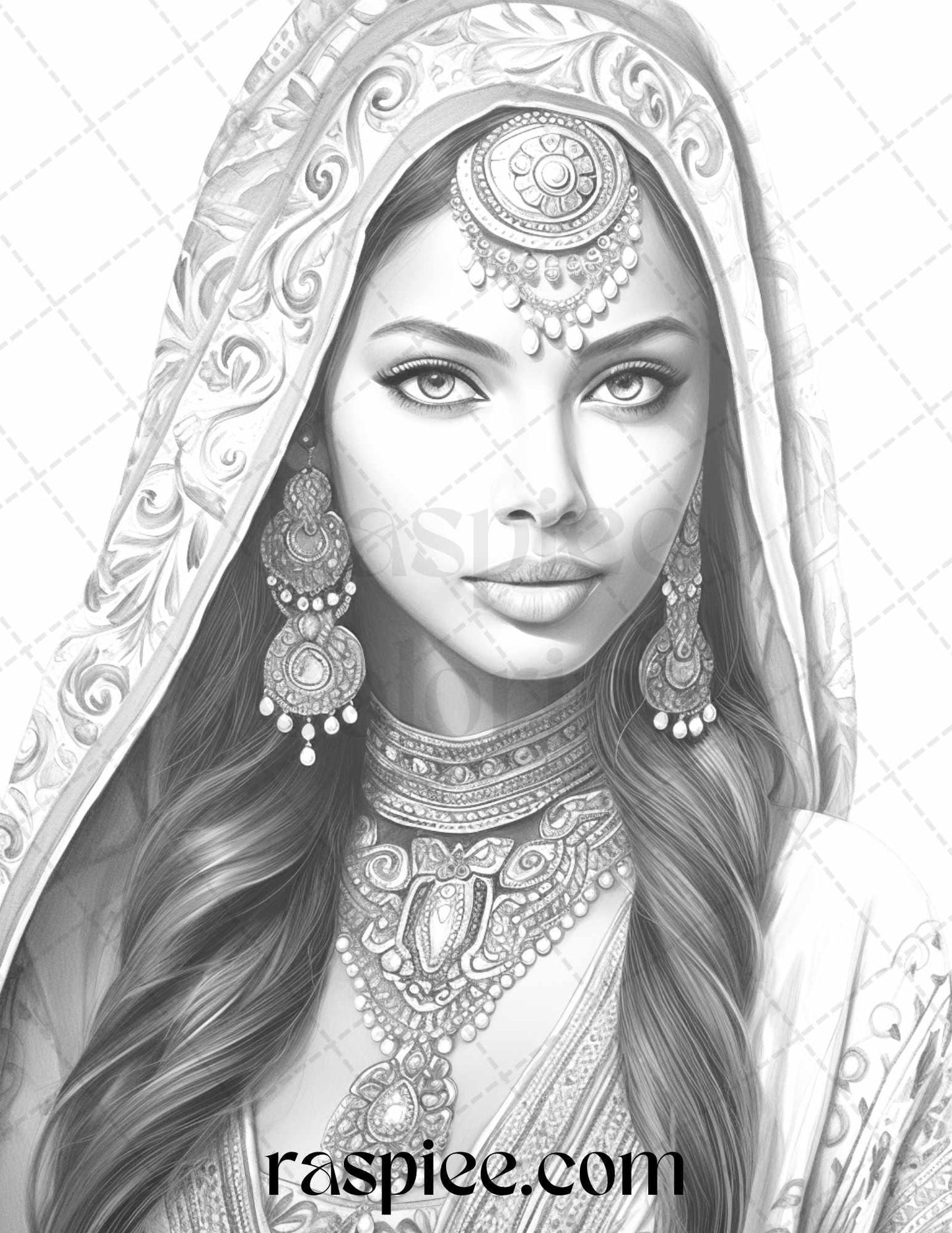 50 Beautiful Indian Women Grayscale Coloring Pages for Adults, Printable PDF File Instant Download