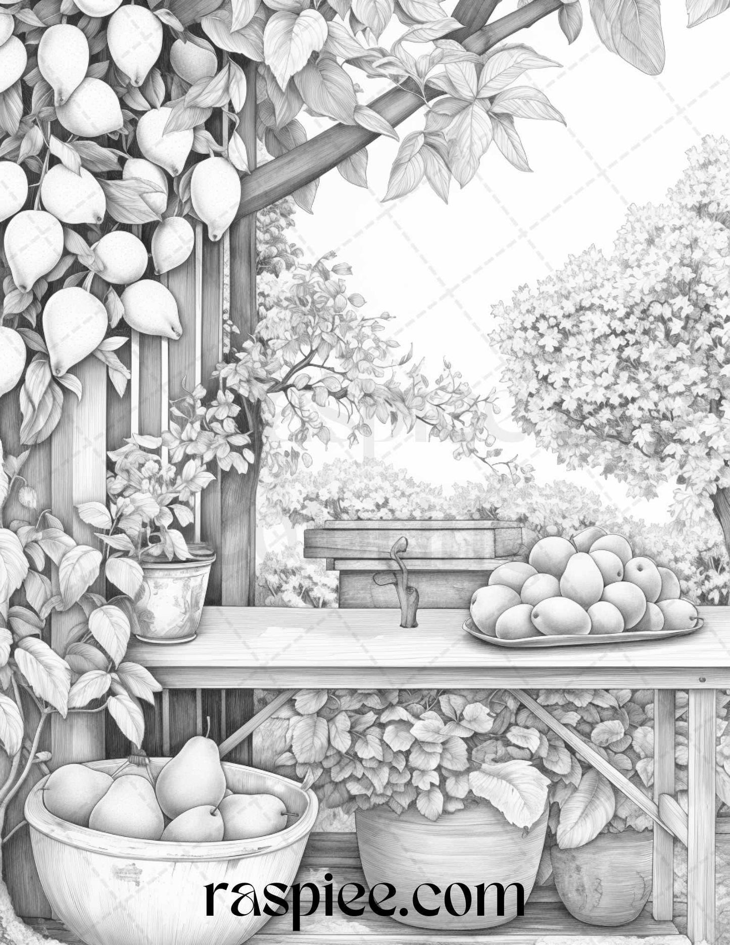 Relaxing Fruit Garden Grayscale Coloring Pages Printable for Adults, PDF File Instant Download