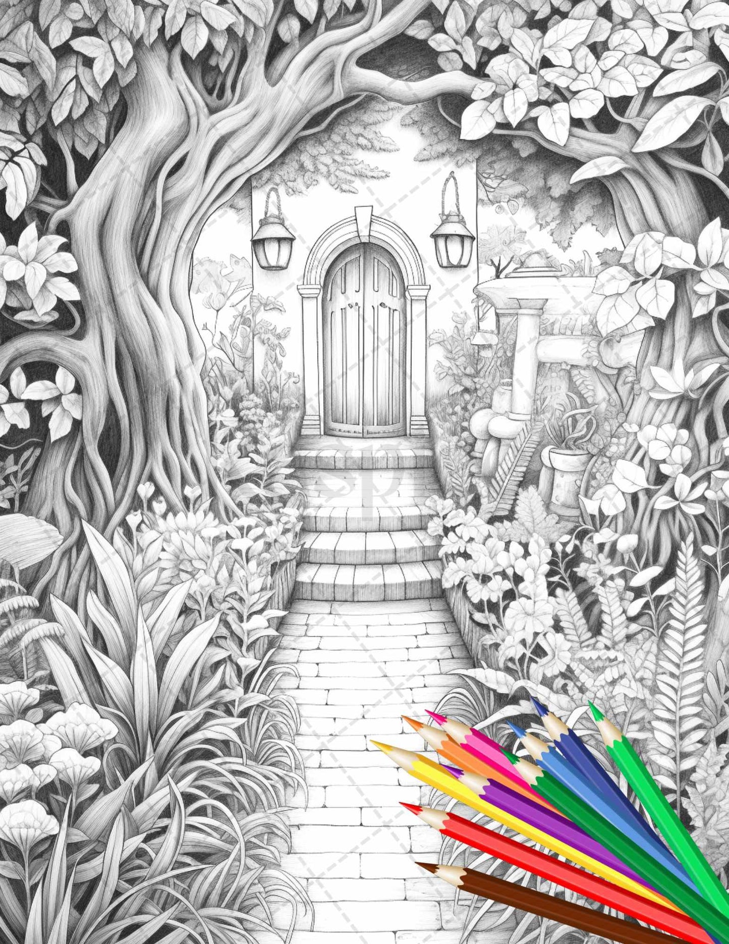 Secret Garden Coloring Pages Printable for Adults, Grayscale Coloring Page, PDF File Instant Download