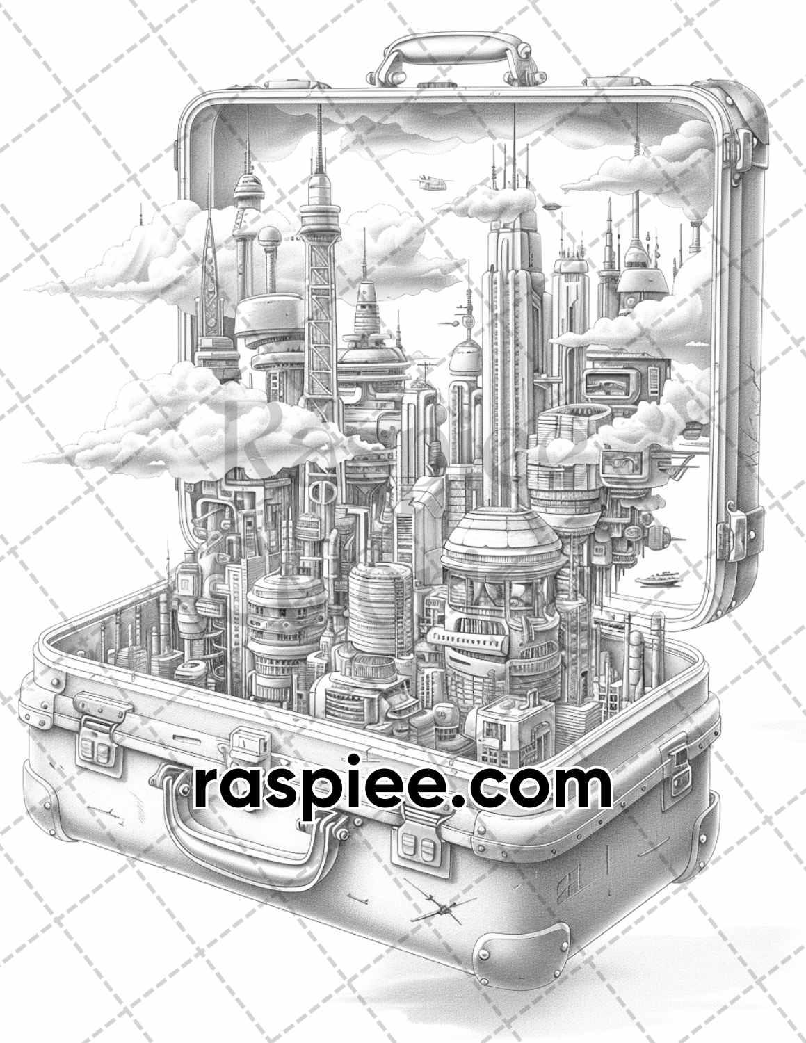 67 Worlds in a Suitcase Grayscale Adult Coloring Pages, Printable PDF Instant Download