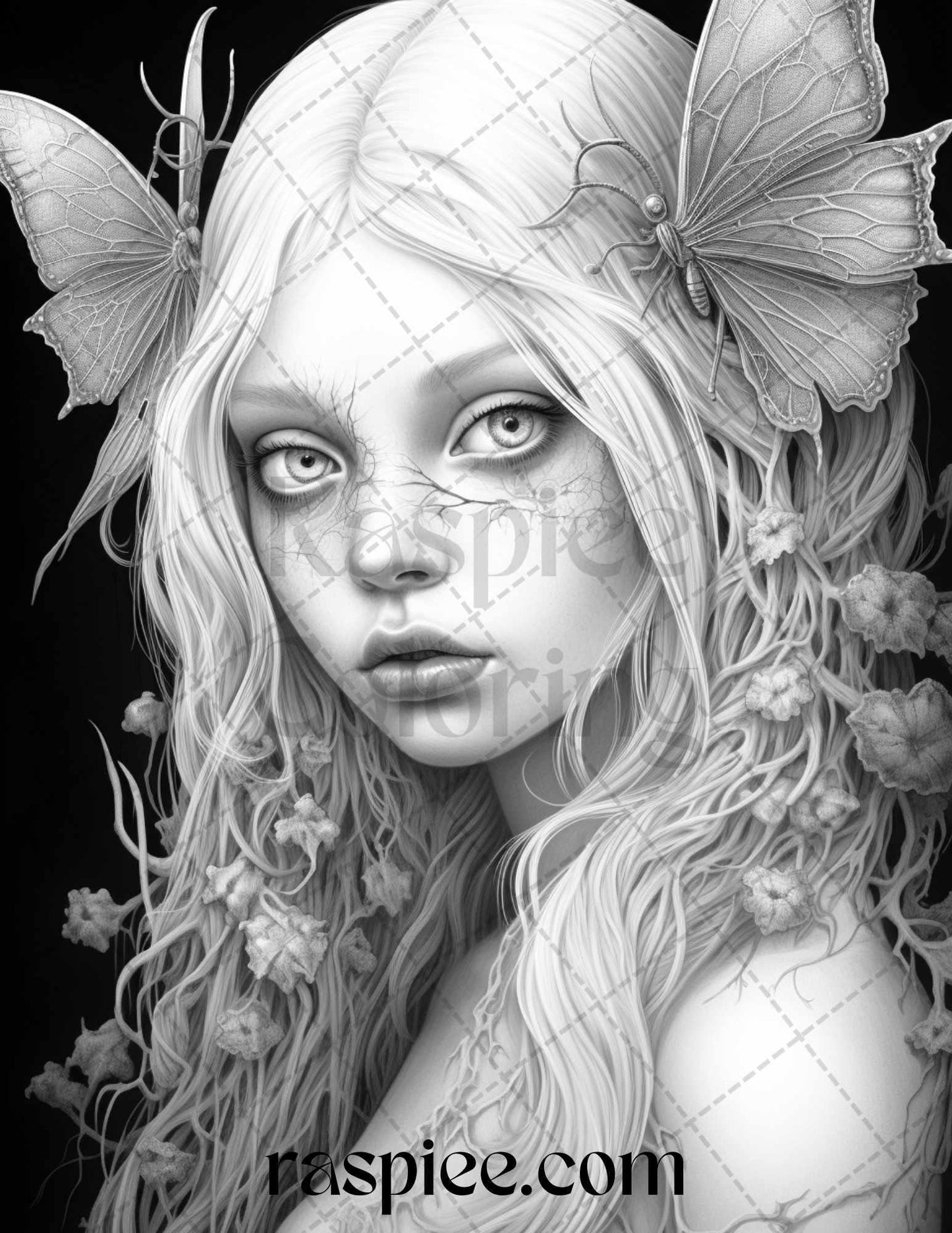 60 Halloween Zombie Fairy Grayscale Coloring Pages Printable for Adults, PDF File Instant Download