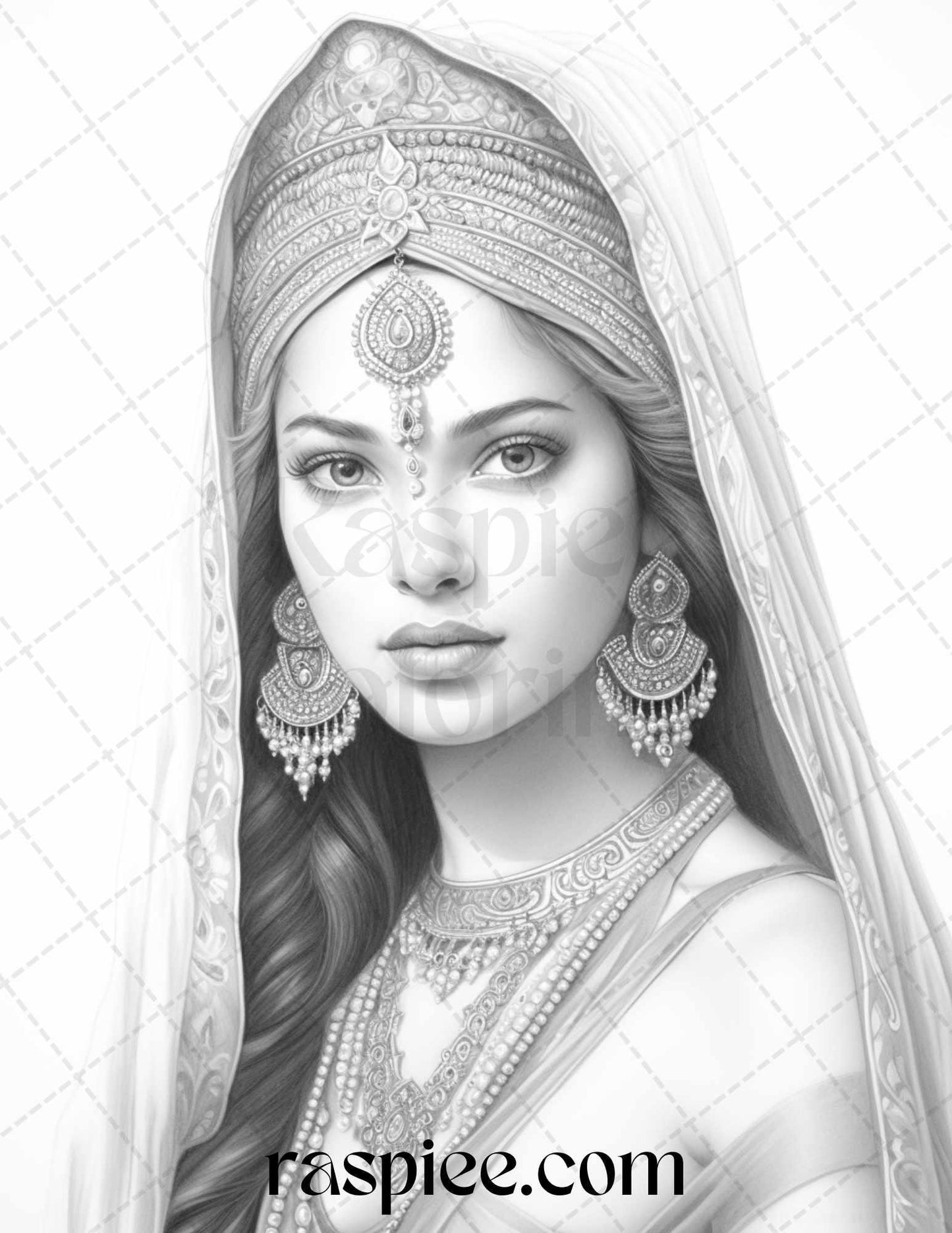 50 Beautiful Indian Women Grayscale Coloring Pages for Adults, Printable PDF File Instant Download