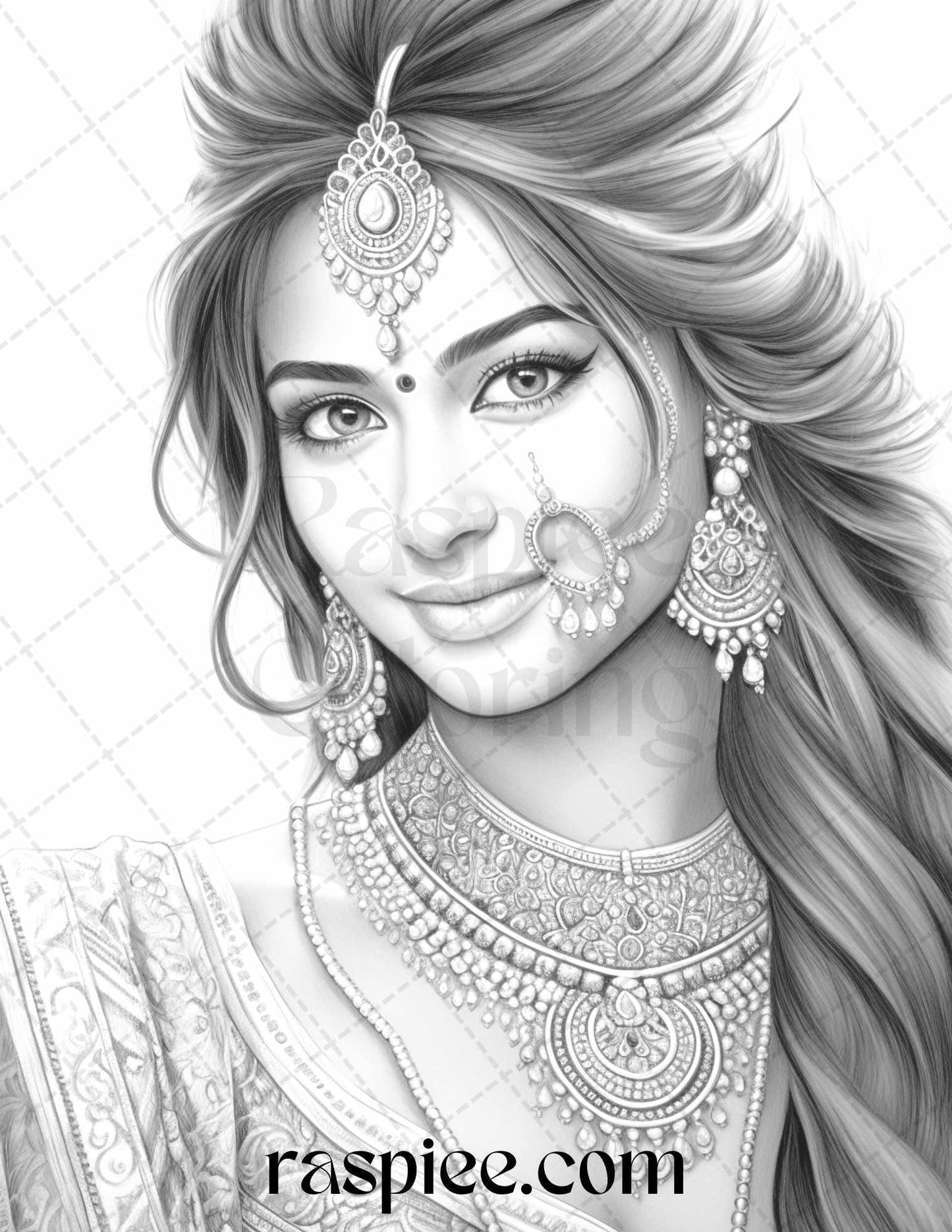 50 Beautiful Indian Women Grayscale Coloring Pages for Adults, Printable PDF File Instant Download