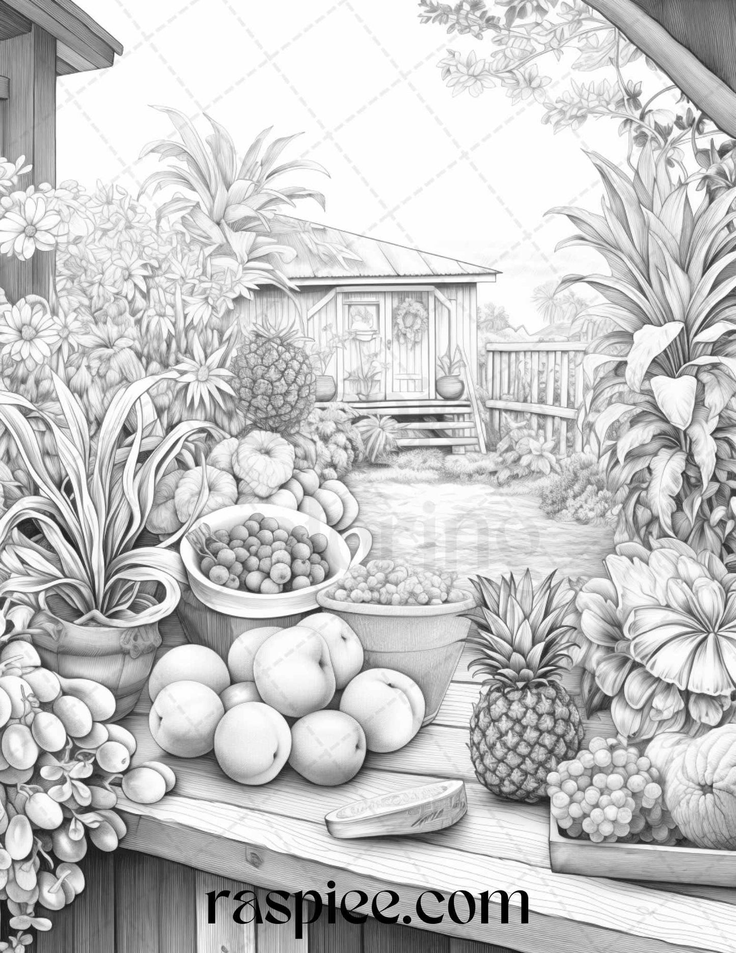 Relaxing Fruit Garden Grayscale Coloring Pages Printable for Adults, PDF File Instant Download