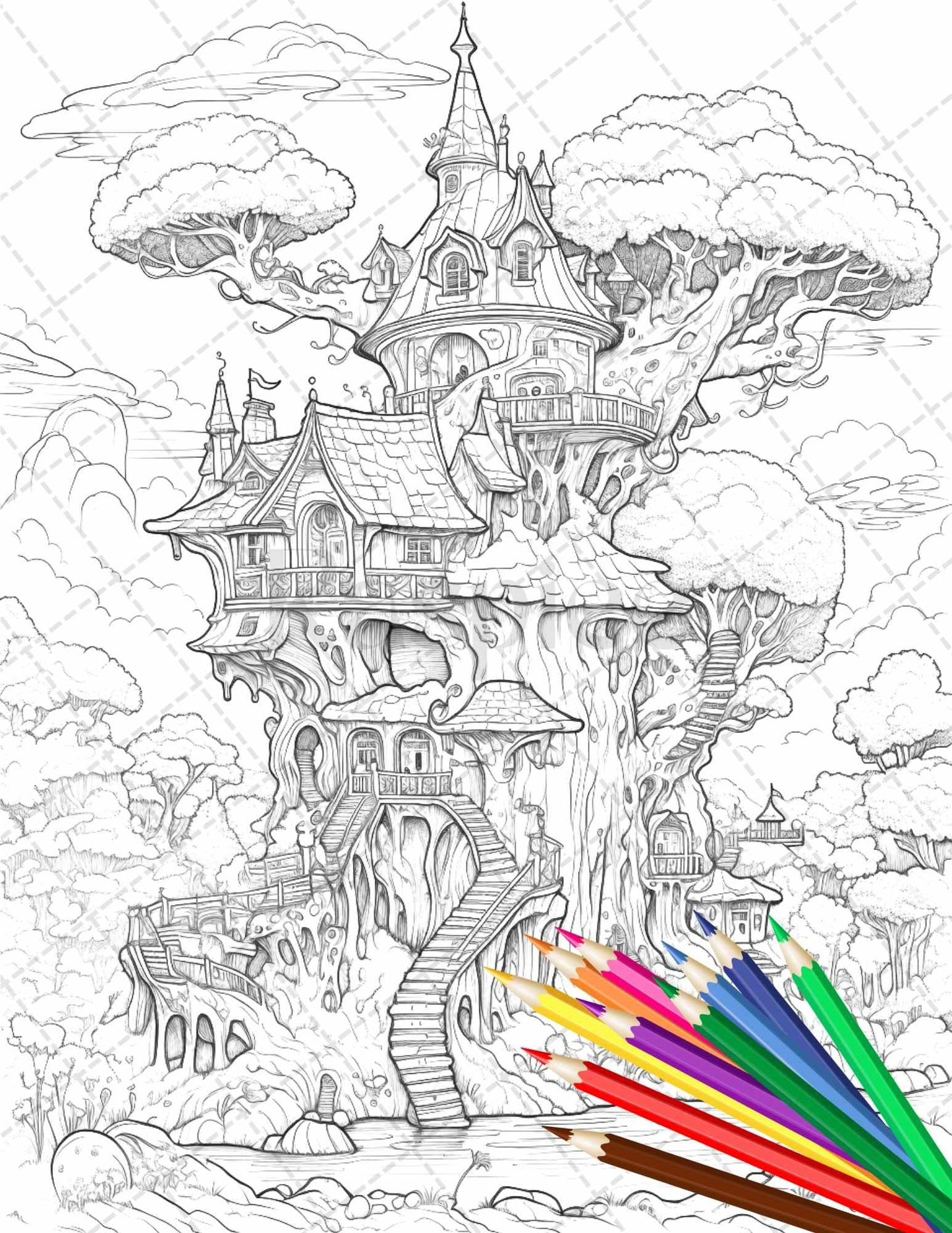 110 Enchanted Treehouse Coloring Book Printable for Adults, Grayscale Coloring Page, PDF File Instant Download