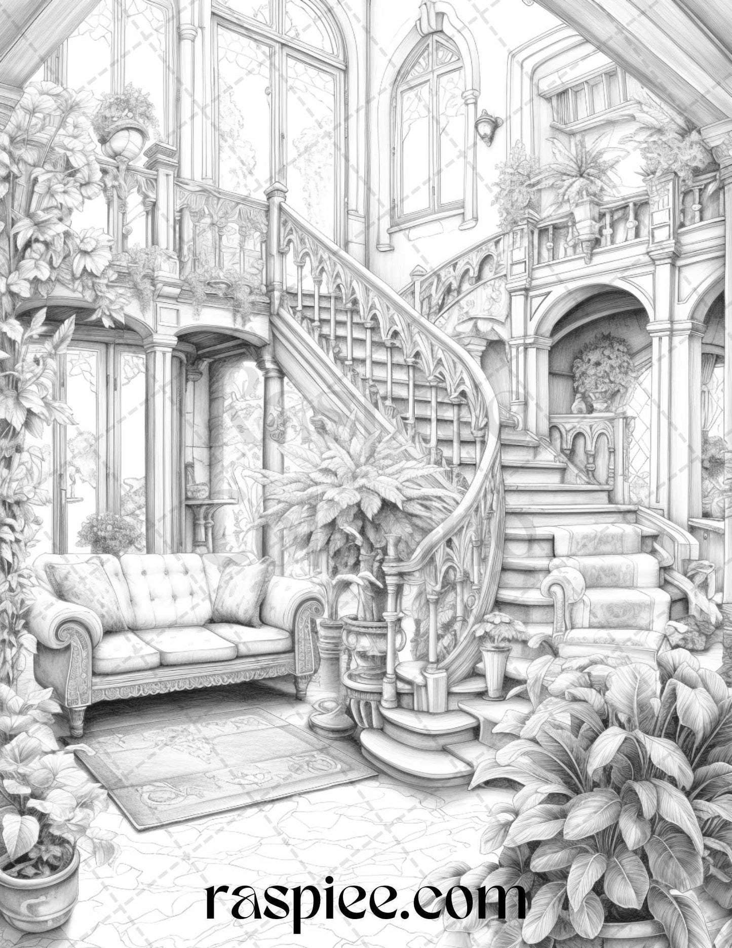 Fantasy Interior Grayscale Coloring Pages for Adults, Printable PDF File Instant Download