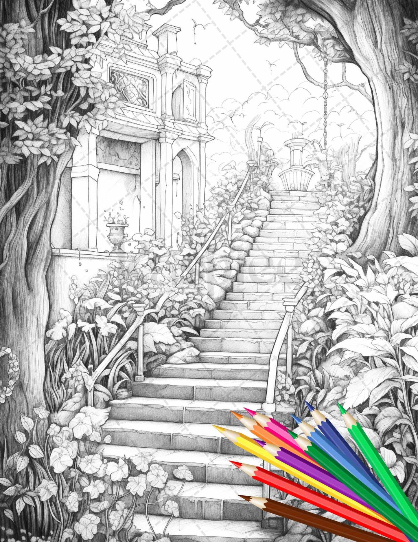 Secret Garden Coloring Pages Printable for Adults, Grayscale Coloring Page, PDF File Instant Download