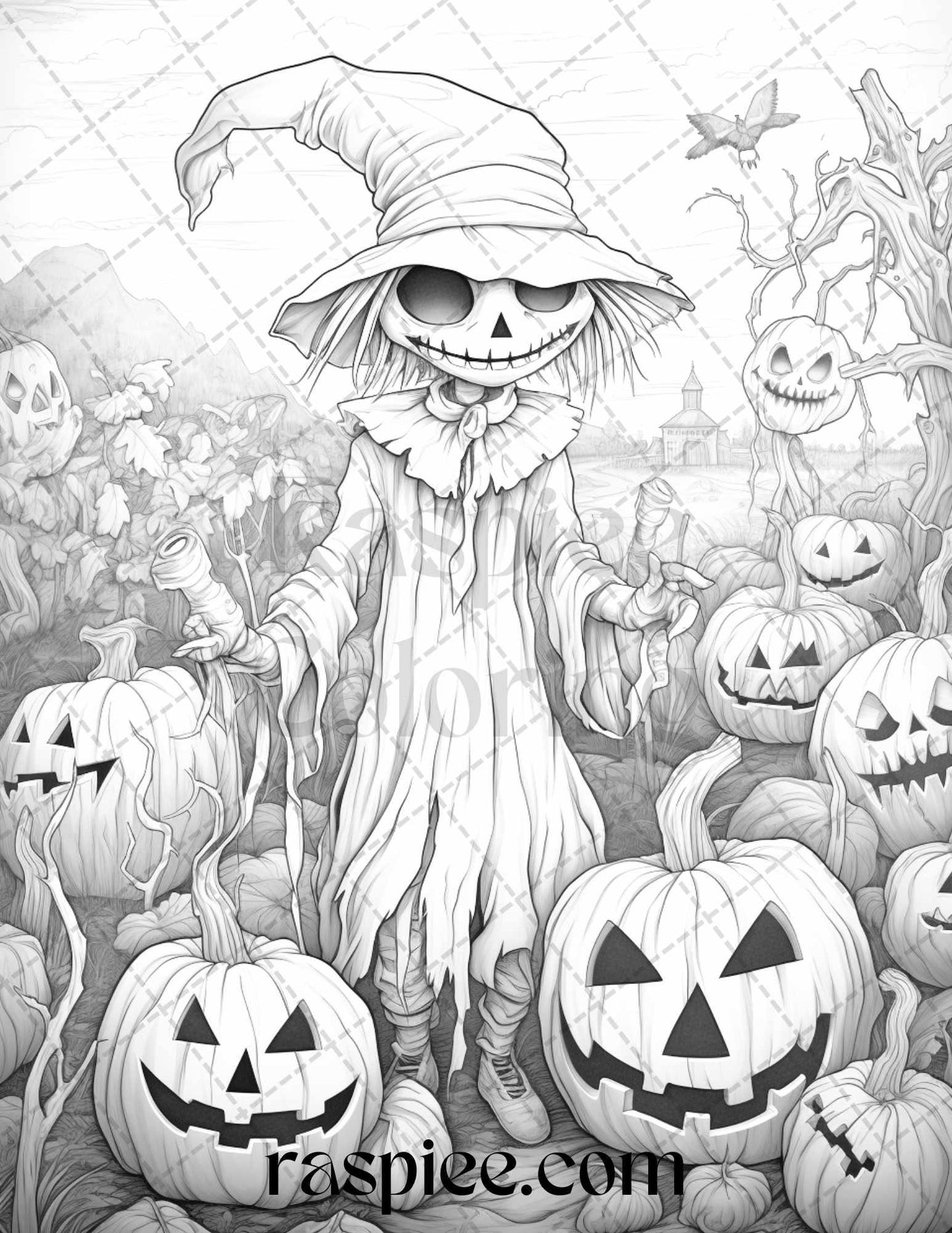 50 Halloween Scarecrows Grayscale Coloring Pages Printable for Adults, PDF File Instant Download