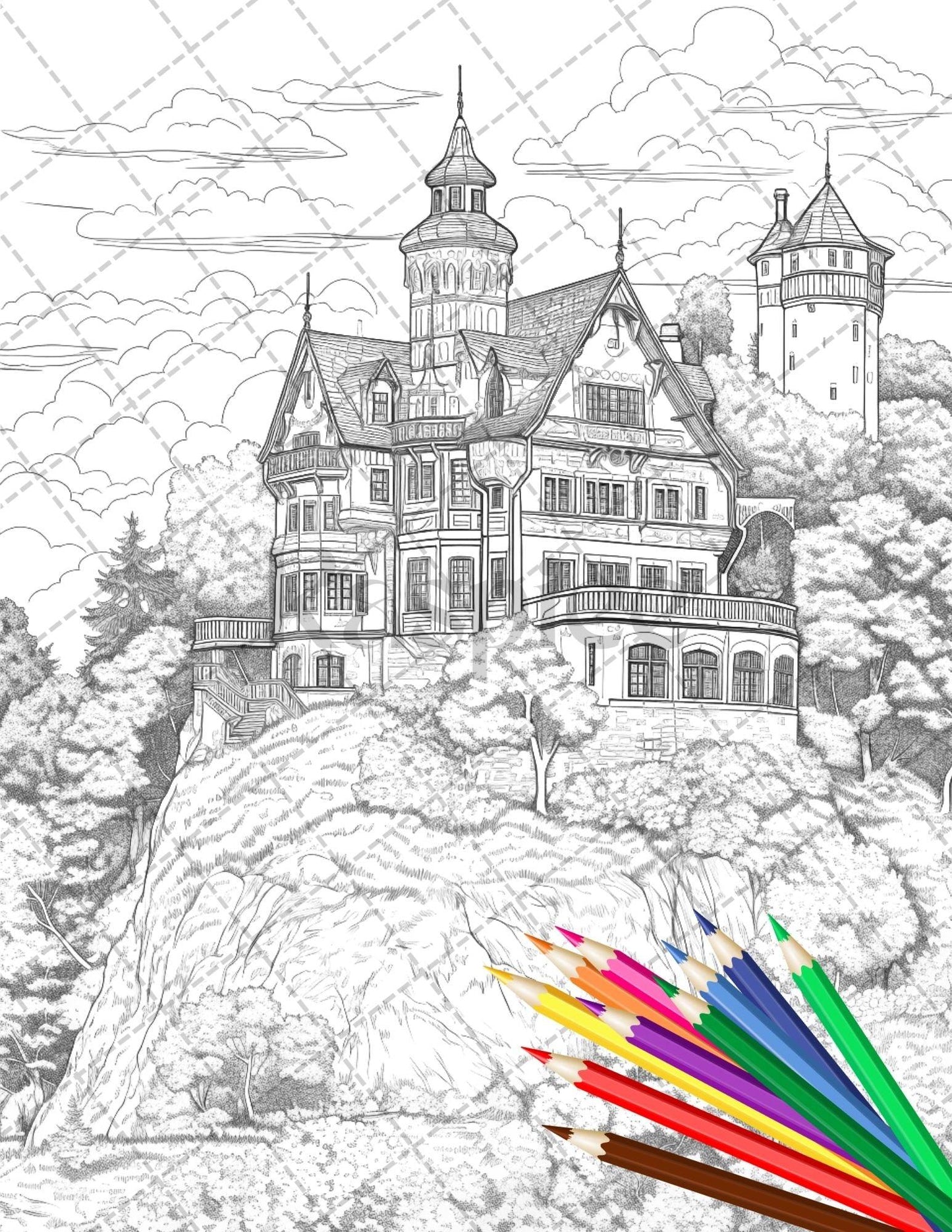122 Fantasy Castles Coloring Book for Adults, Grayscale Coloring Page, Printable PDF Instant Download
