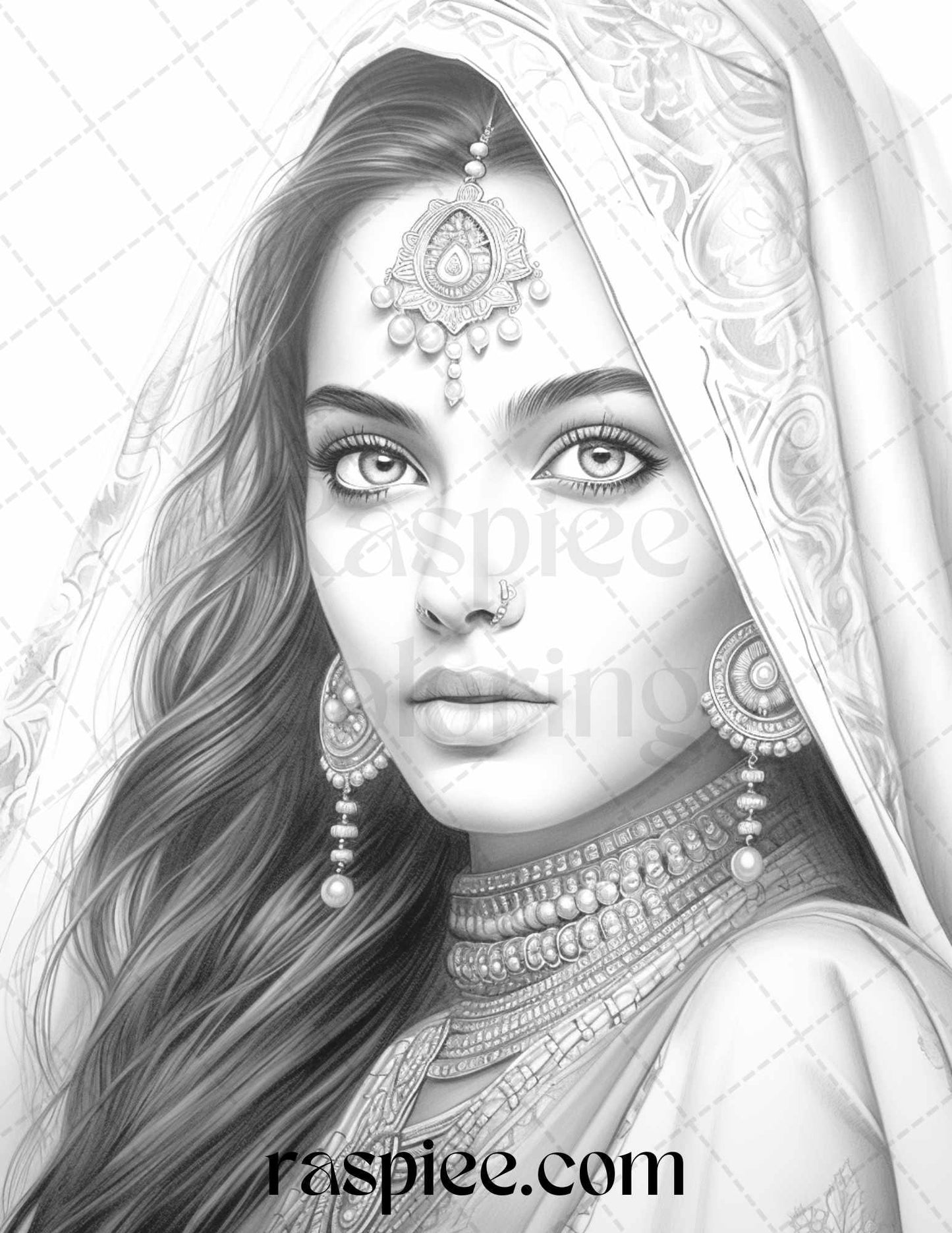 50 Beautiful Indian Women Grayscale Coloring Pages for Adults, Printable PDF File Instant Download