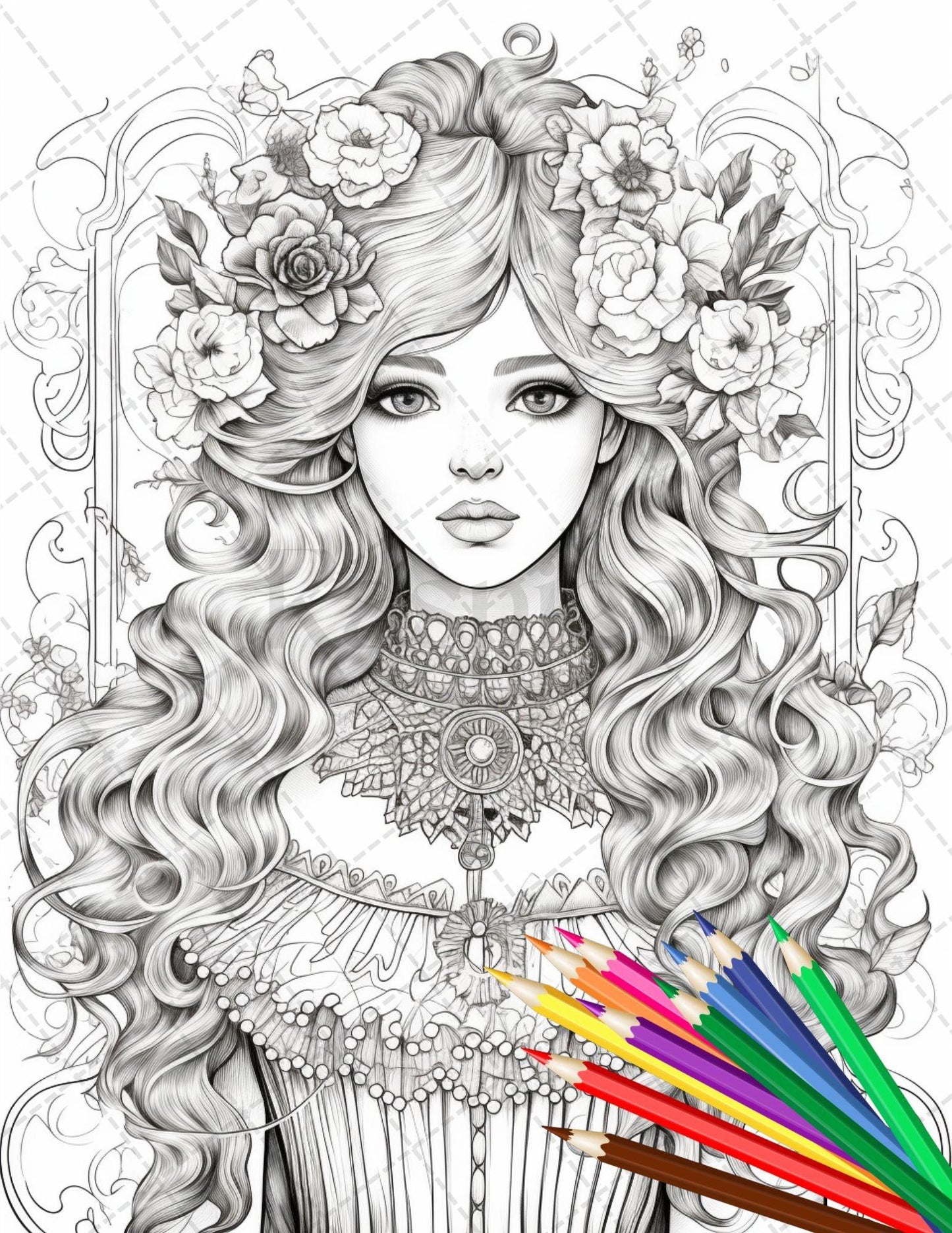 36 Beautiful Victorian Girls Coloring Pages Printable for Adults, Grayscale Coloring Page, PDF File Instant Download