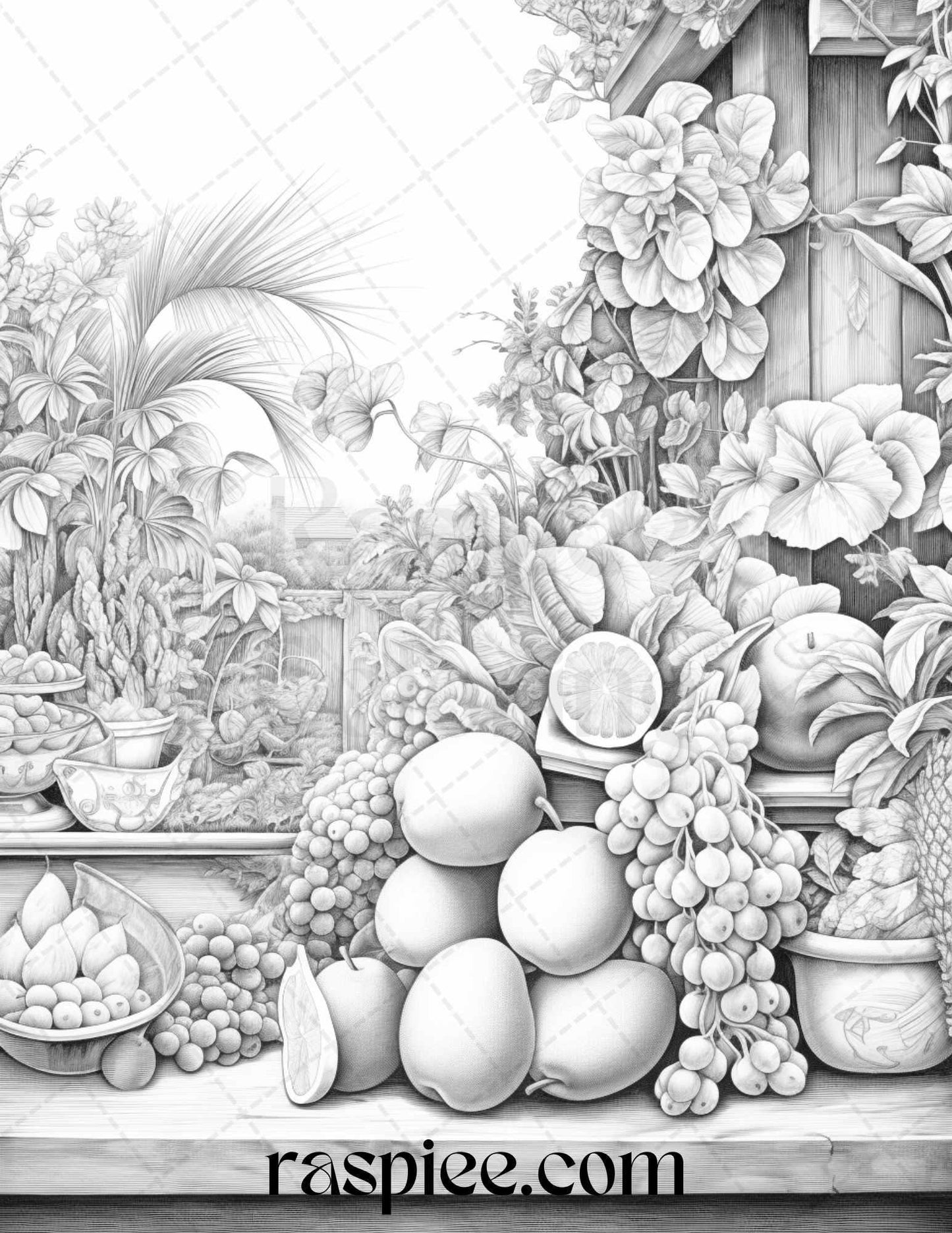 Relaxing Fruit Garden Grayscale Coloring Pages Printable for Adults, PDF File Instant Download