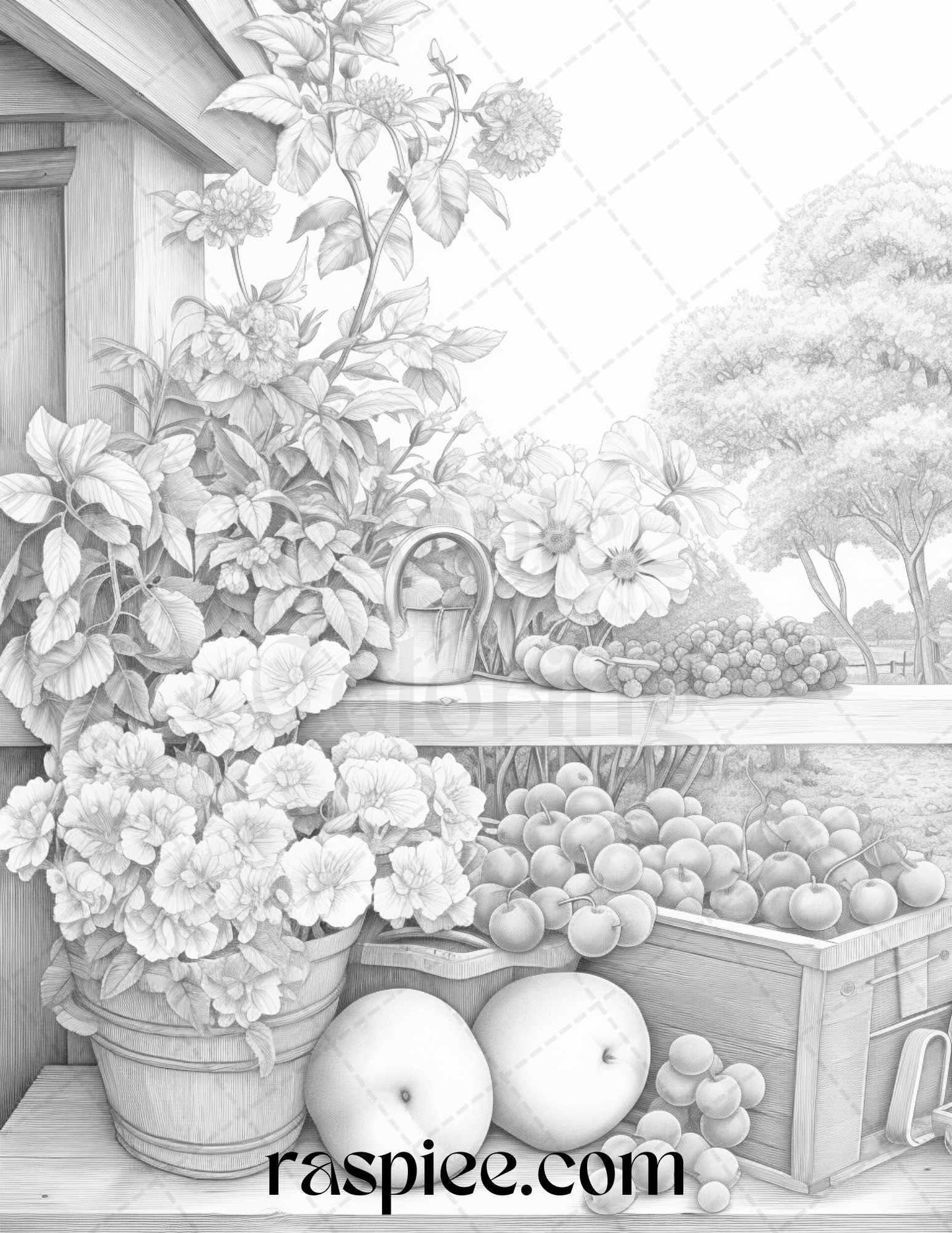 Relaxing Fruit Garden Grayscale Coloring Pages Printable for Adults, PDF File Instant Download