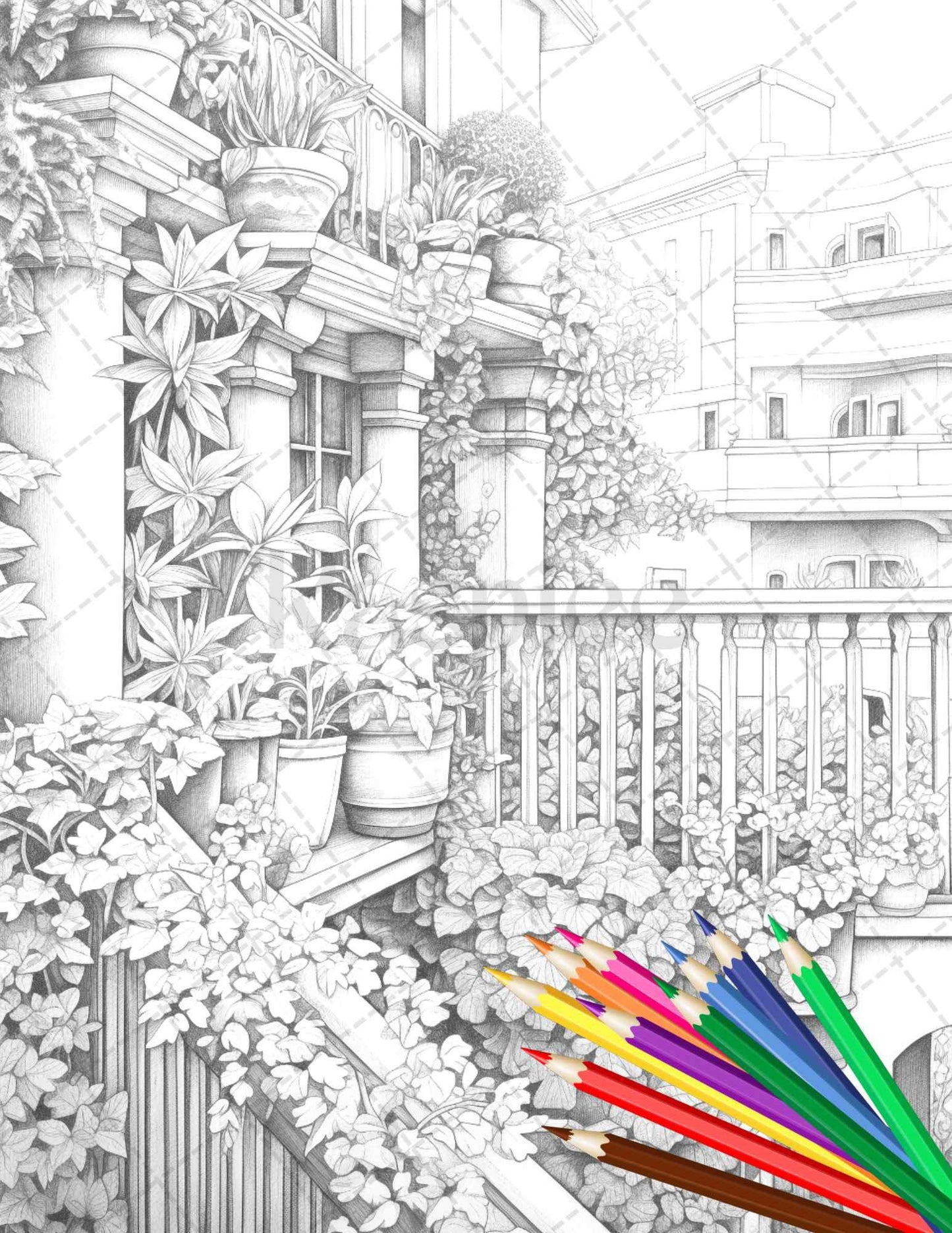 Charming Balcony Garden Grayscale Coloring Pages Printable for Adults, PDF File Instant Download