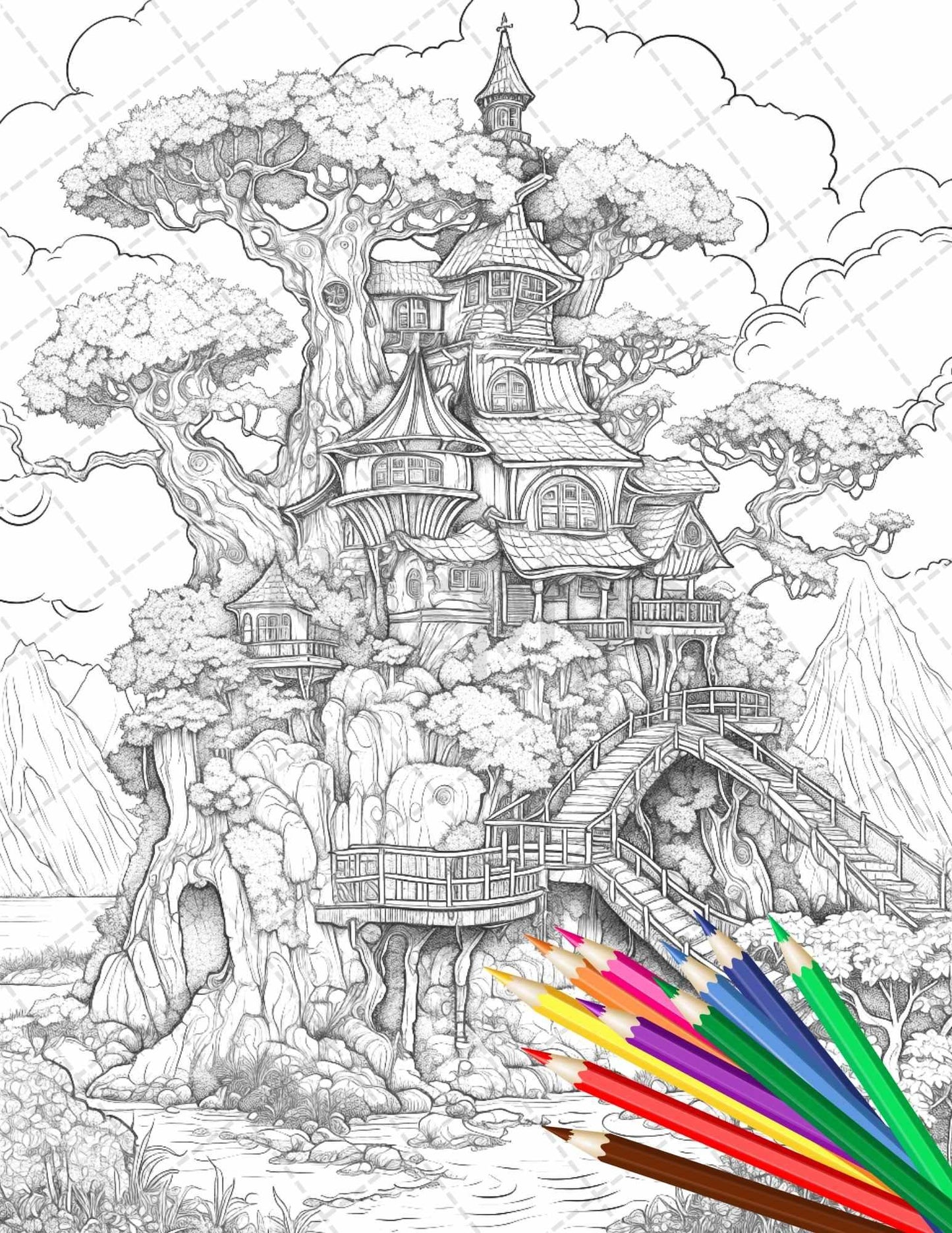 110 Enchanted Treehouse Coloring Book Printable for Adults, Grayscale Coloring Page, PDF File Instant Download