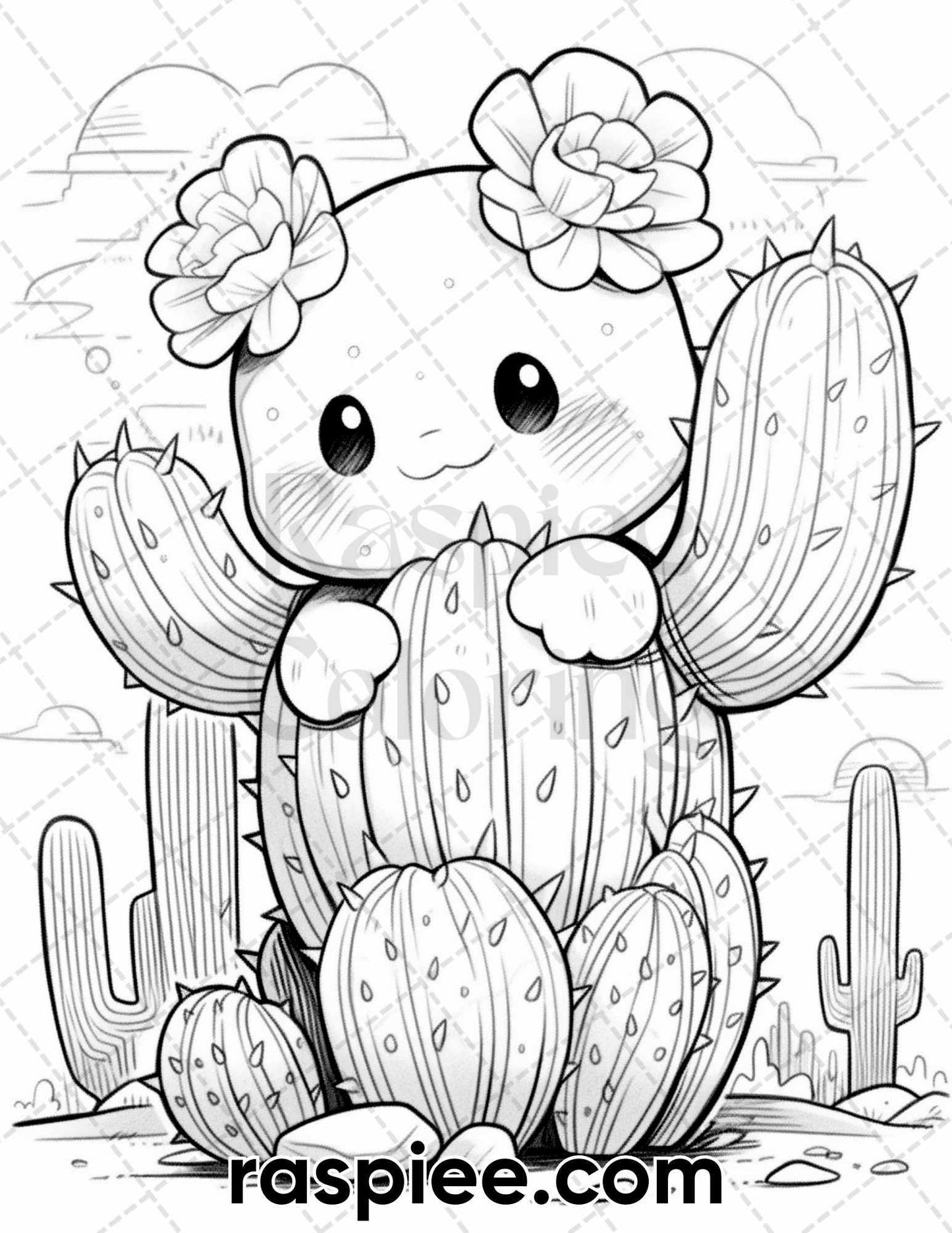 60 Cute Cactus Adventure Grayscale Coloring Pages for Adults, Printable PDF Instant Download