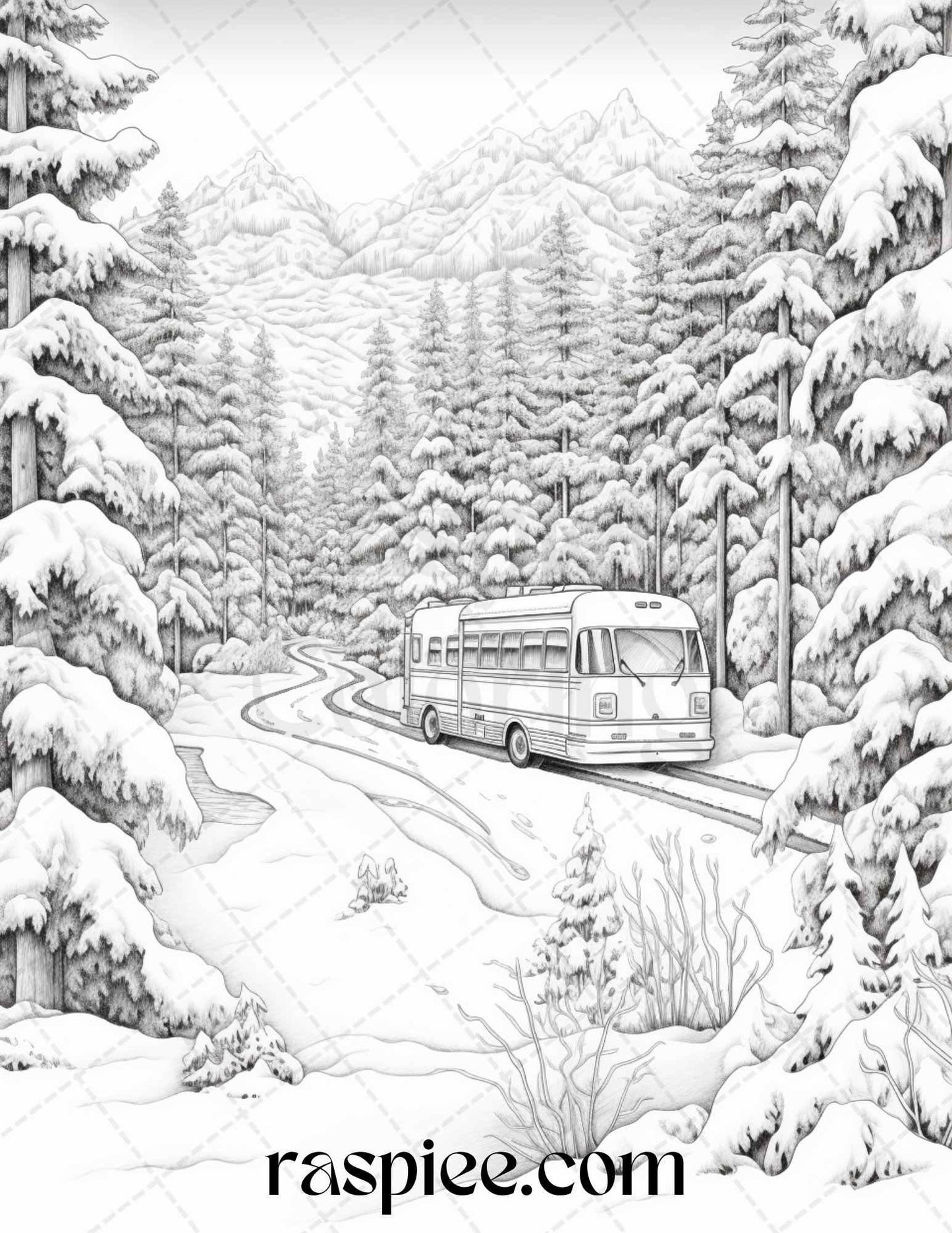 Winter Scenery Grayscale Coloring Pages Printable, Relaxing Snowy Landscapes, PDF File Instant Download