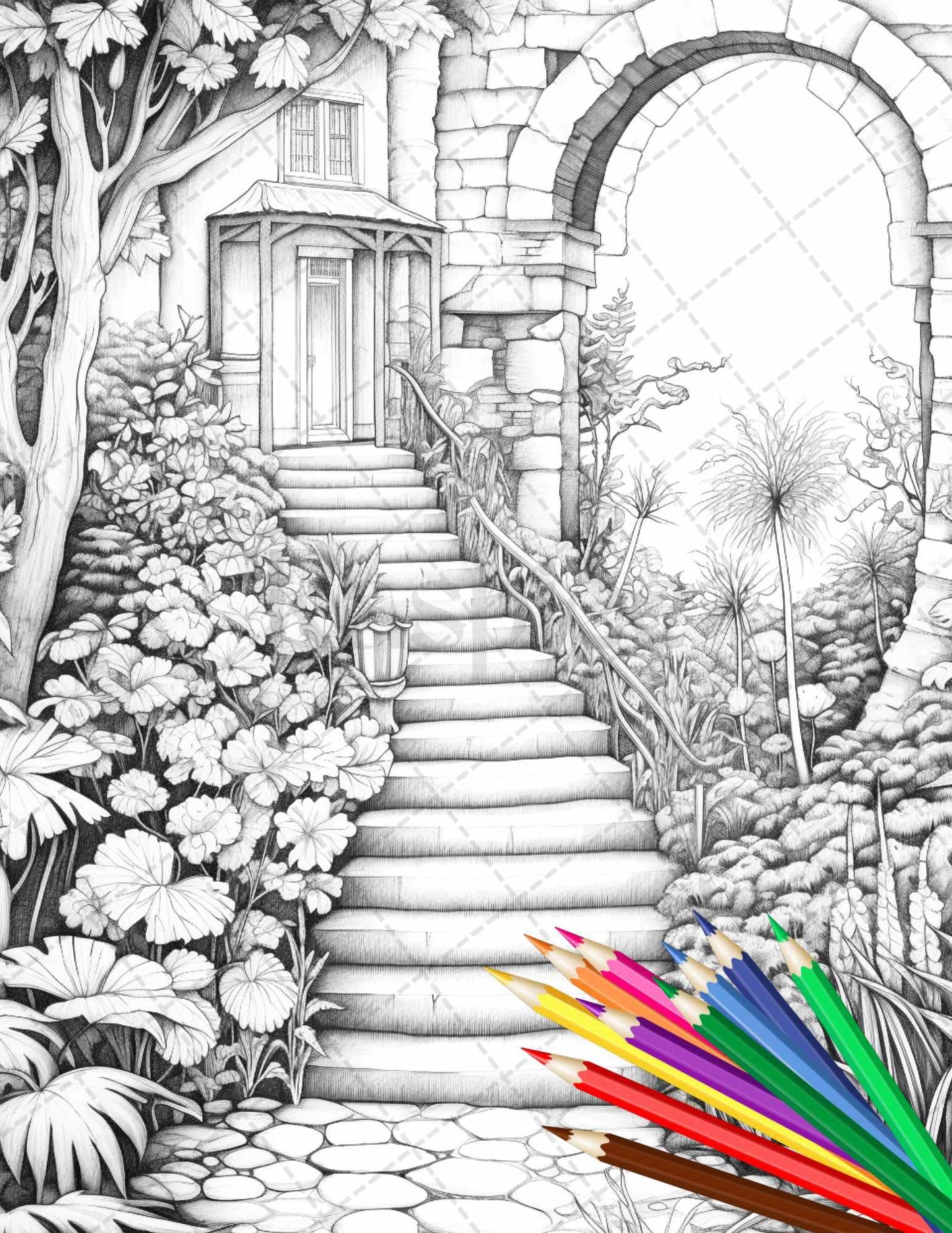 Secret Garden Coloring Pages Printable for Adults, Grayscale Coloring Page, PDF File Instant Download