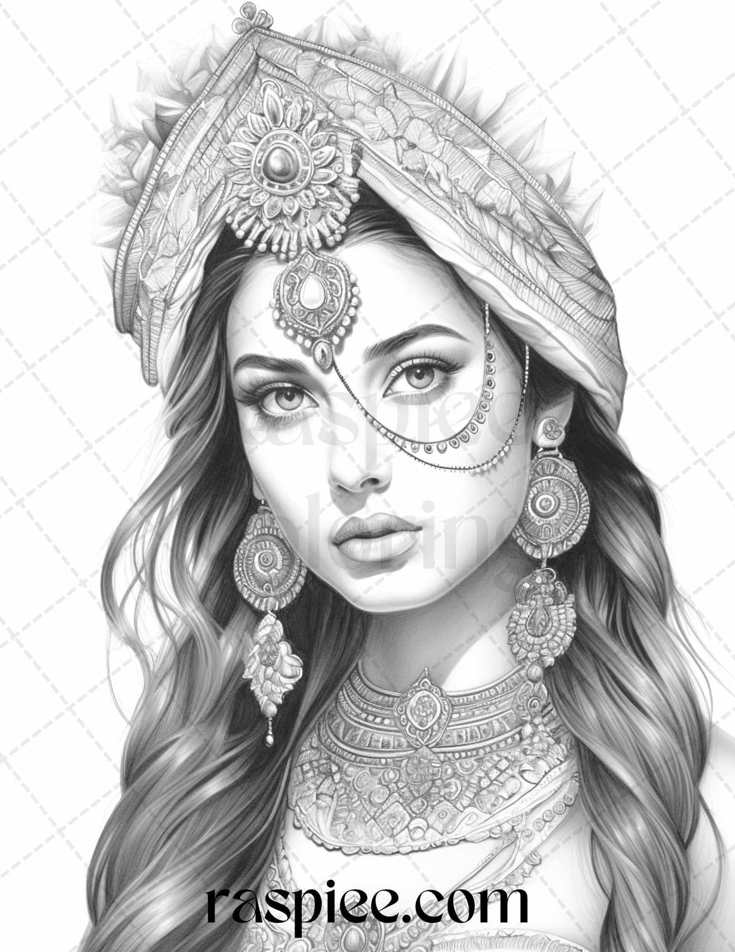 50 Beautiful Indian Women Grayscale Coloring Pages for Adults, Printable PDF File Instant Download
