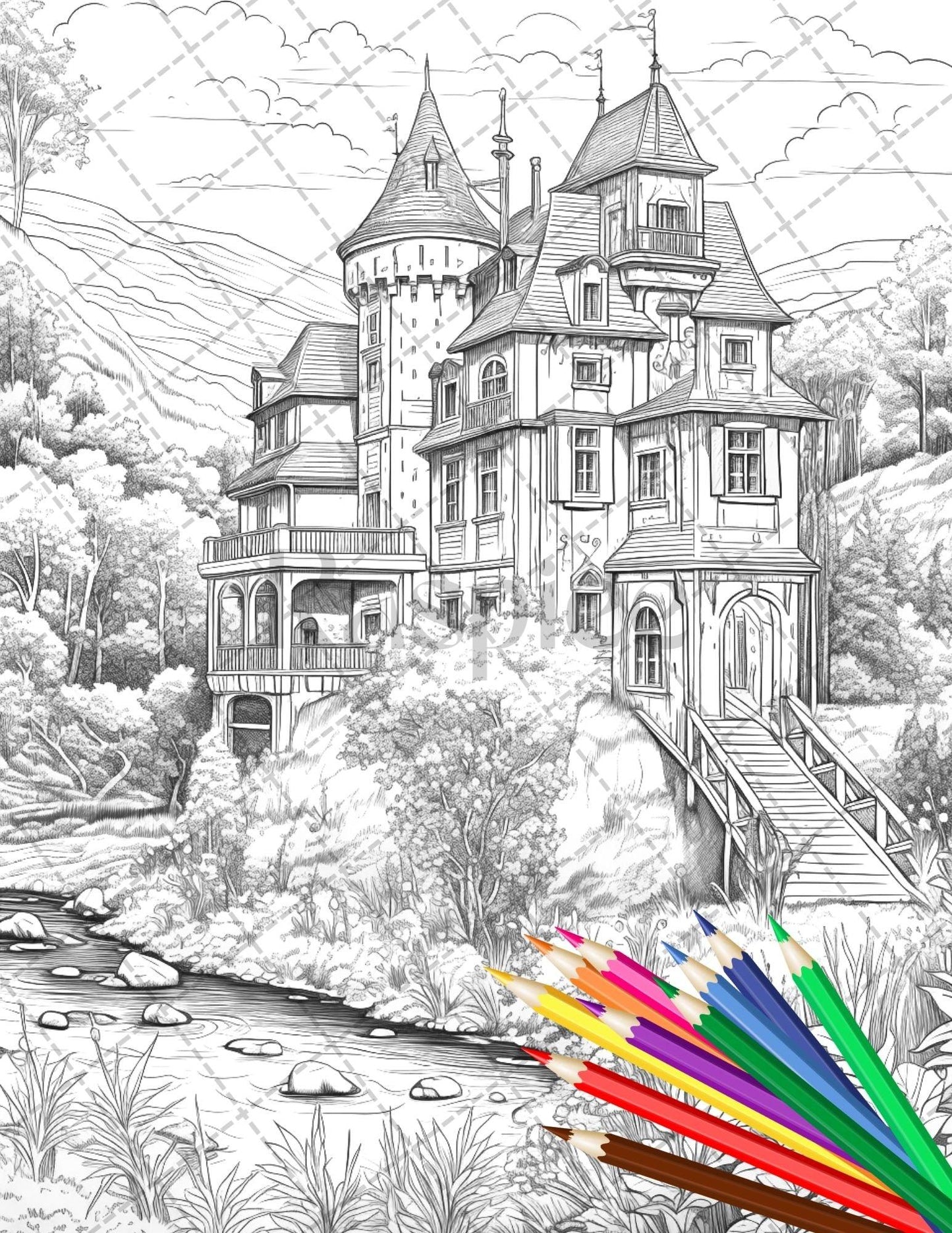 122 Fantasy Castles Coloring Book for Adults, Grayscale Coloring Page, Printable PDF Instant Download