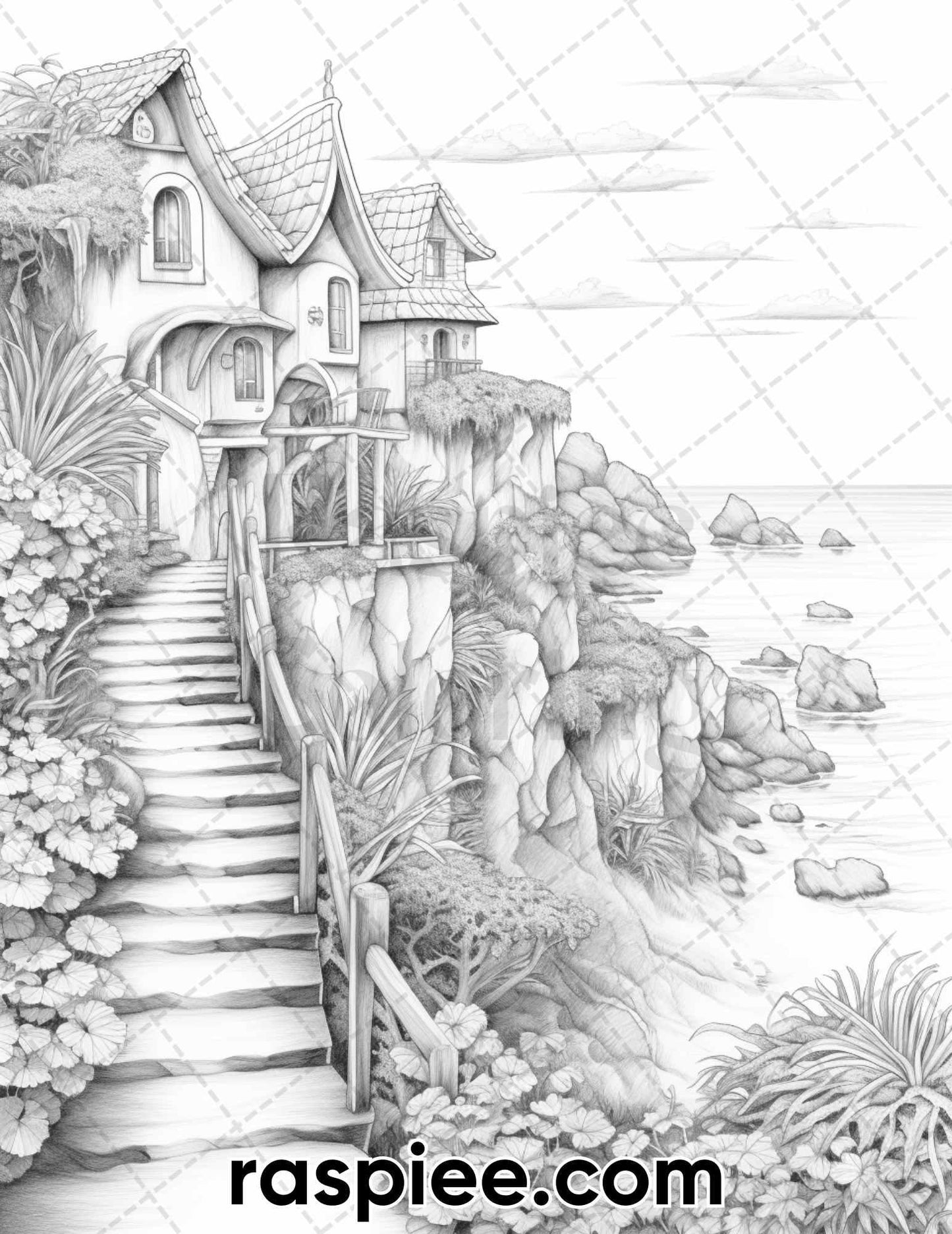 50 Fairy Beach Houses Grayscale Coloring Pages for Adults, Printable PDF Instant Download