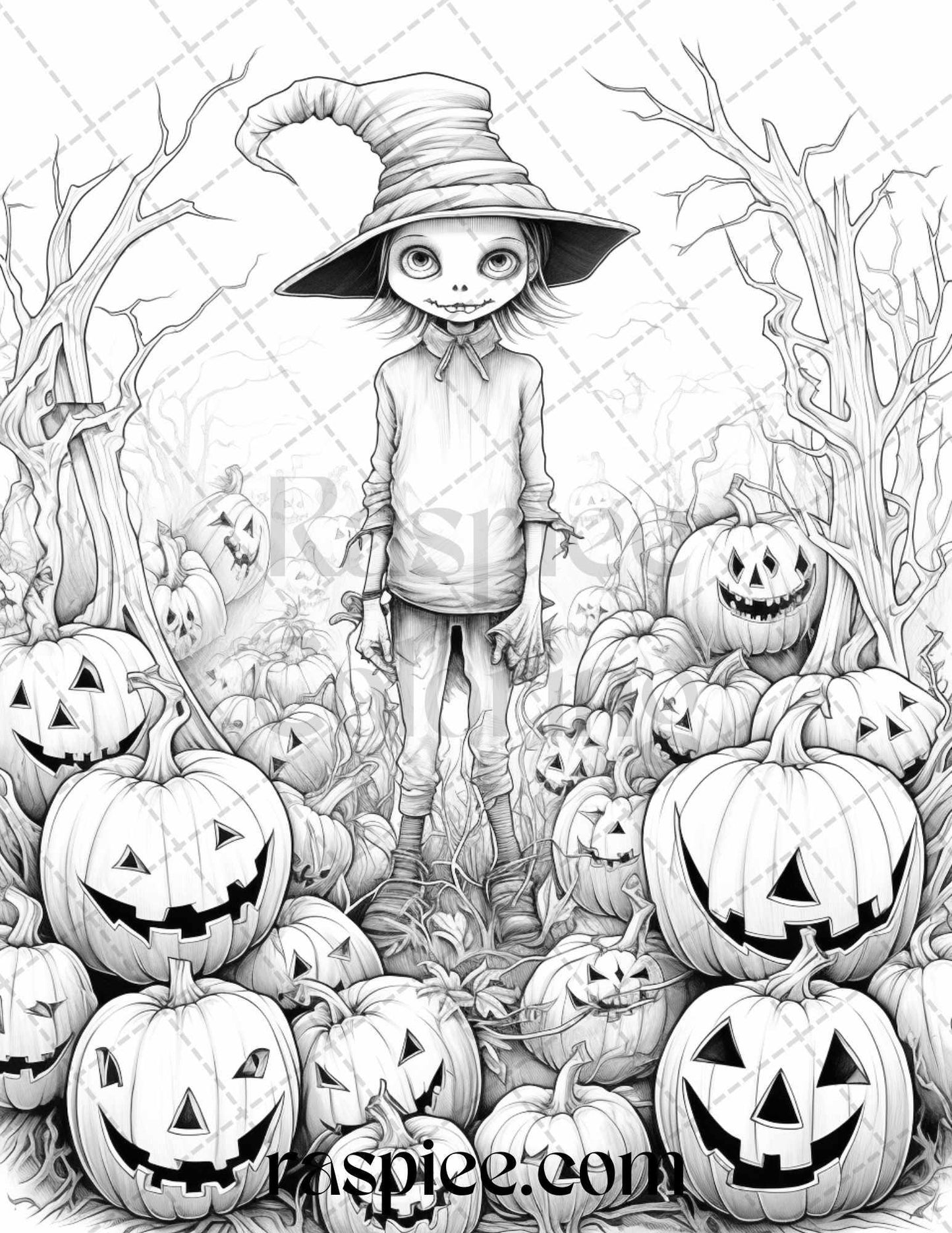 50 Halloween Scarecrows Grayscale Coloring Pages Printable for Adults, PDF File Instant Download
