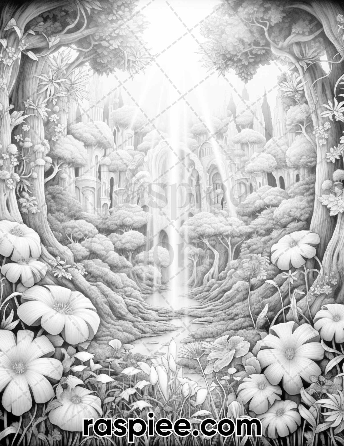 55 Mystical Forest Grayscale Adult Coloring Pages, Printable PDF Instant Download