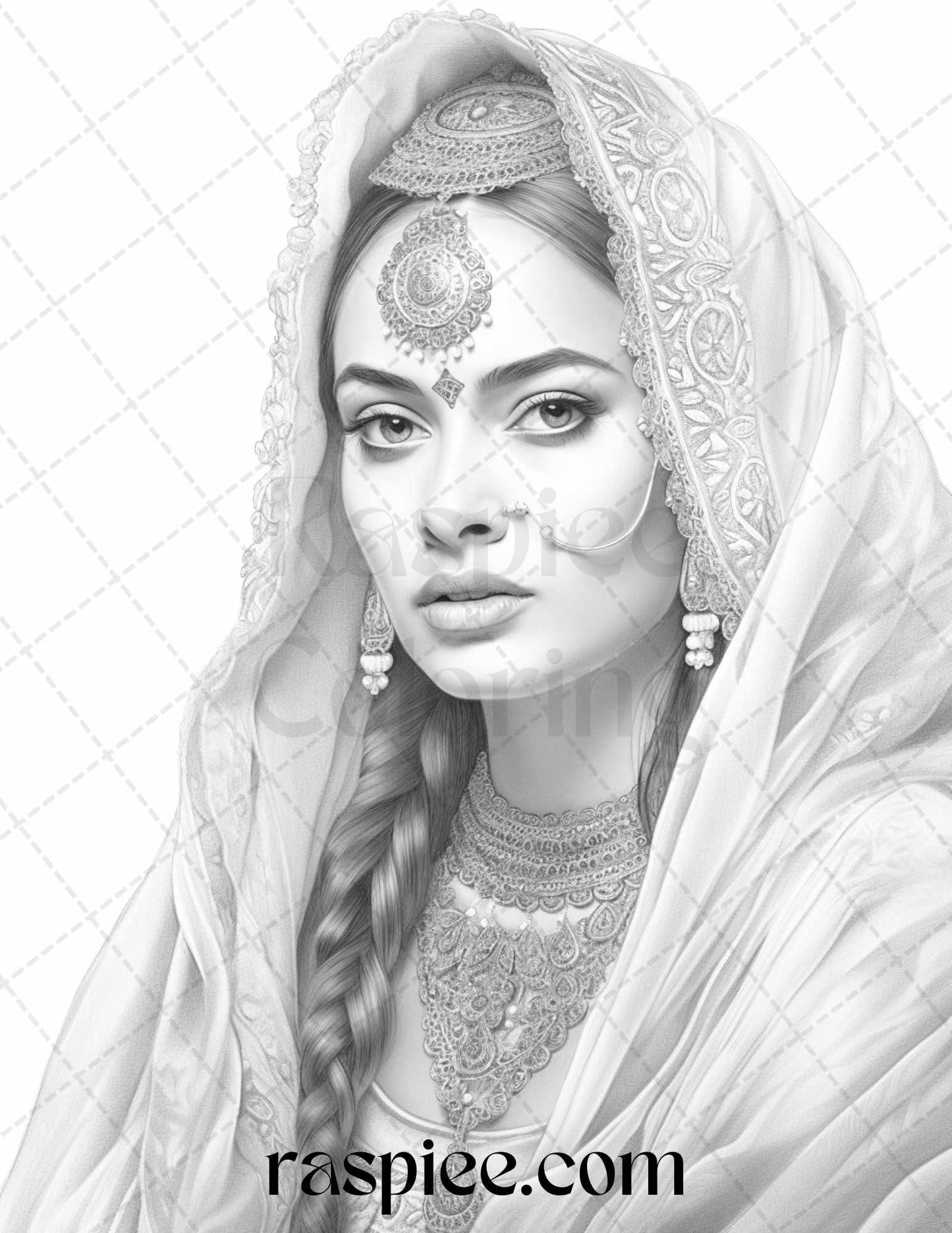 50 Beautiful Indian Women Grayscale Coloring Pages for Adults, Printable PDF File Instant Download