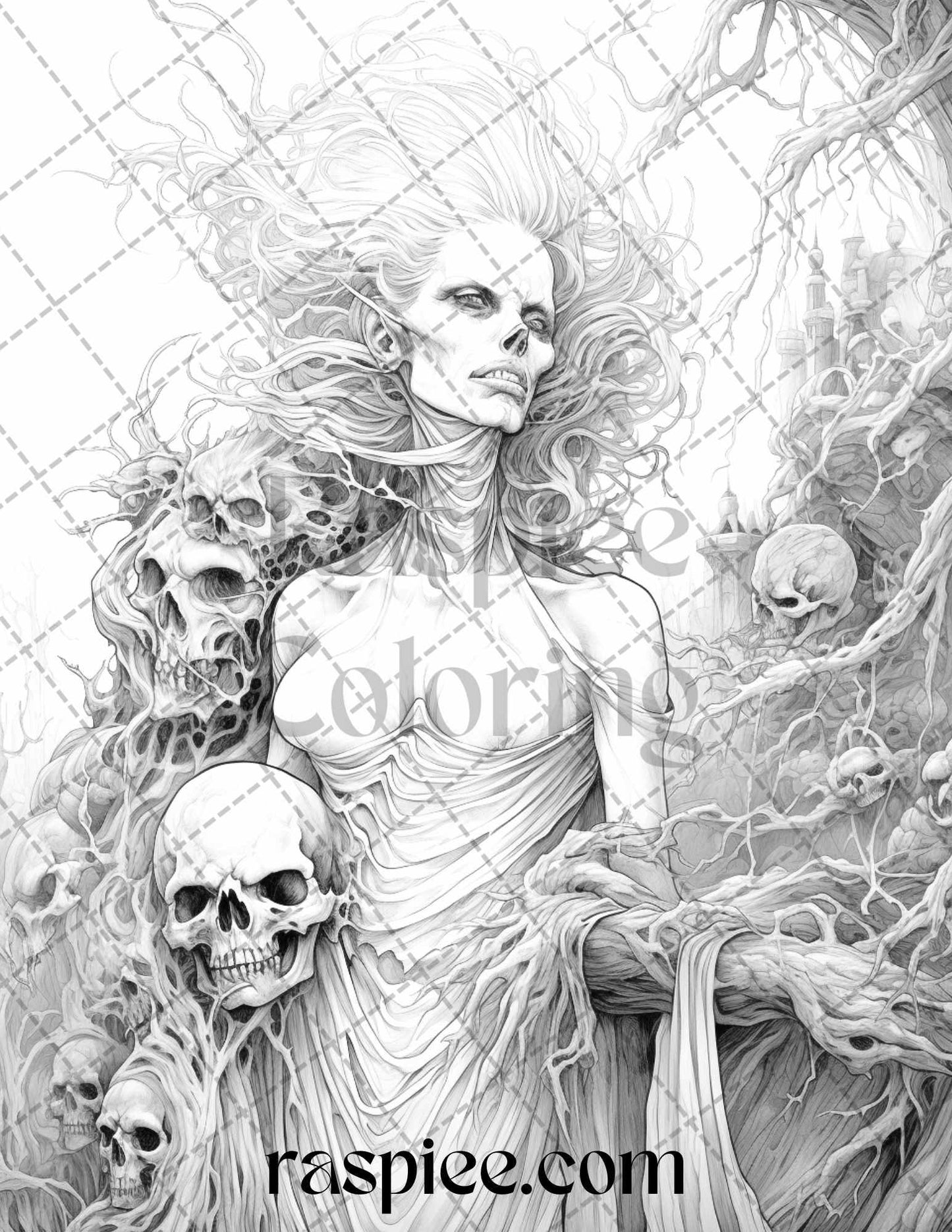 60 Halloween Nightmare Grayscale Coloring Pages Printable for Adults, PDF File Instant Download