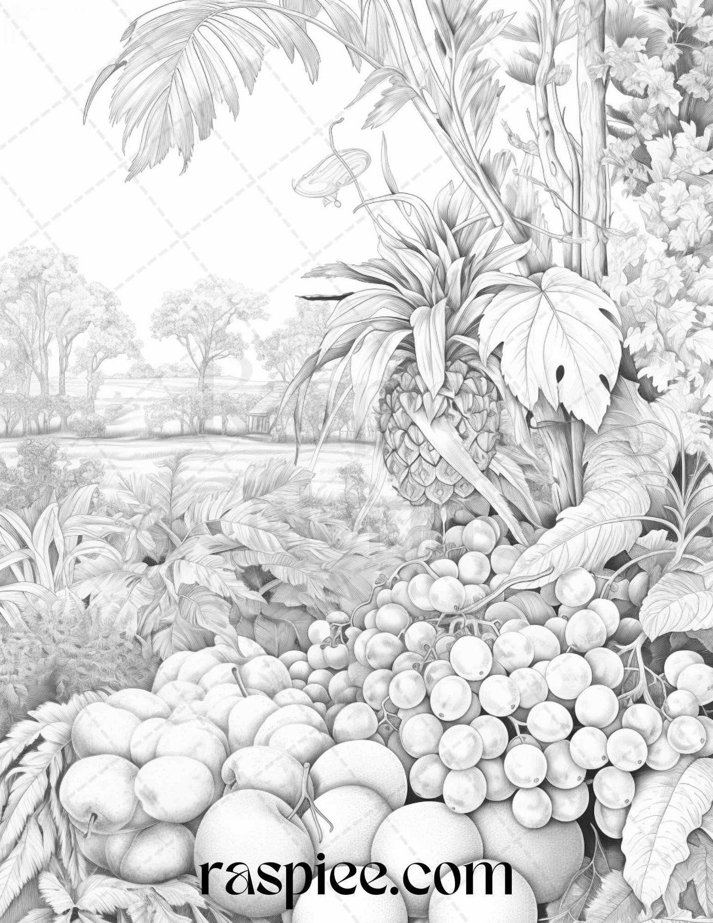Relaxing Fruit Garden Grayscale Coloring Pages Printable for Adults, PDF File Instant Download