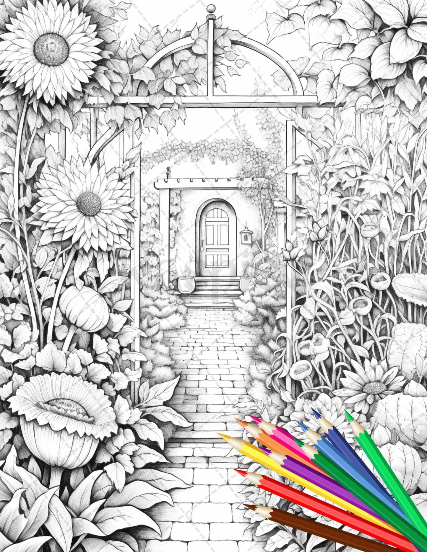 Secret Garden Coloring Pages Printable for Adults, Grayscale Coloring Page, PDF File Instant Download