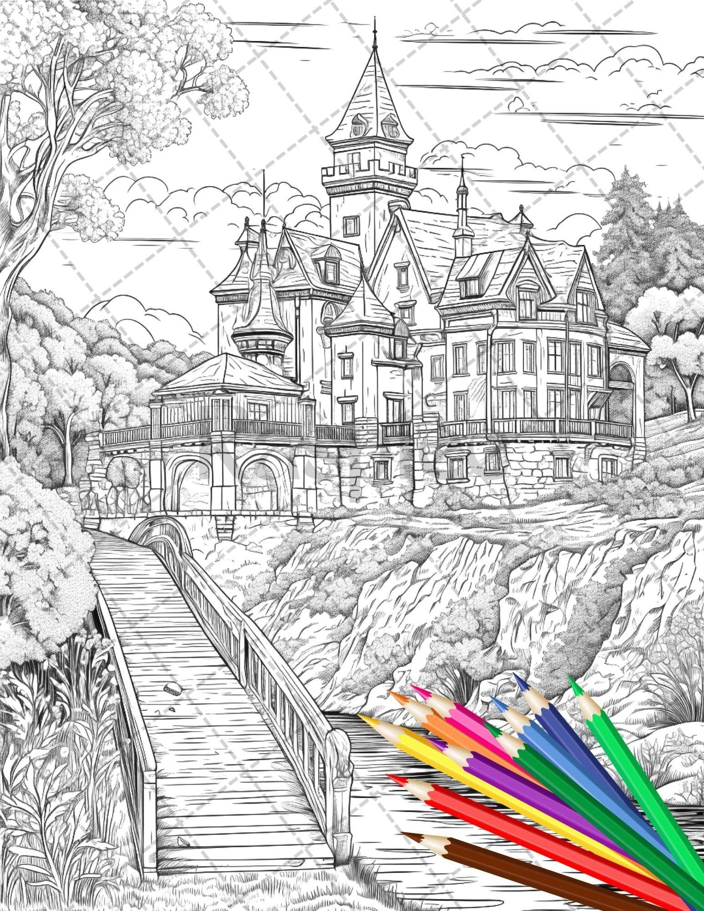 122 Fantasy Castles Coloring Book for Adults, Grayscale Coloring Page, Printable PDF Instant Download