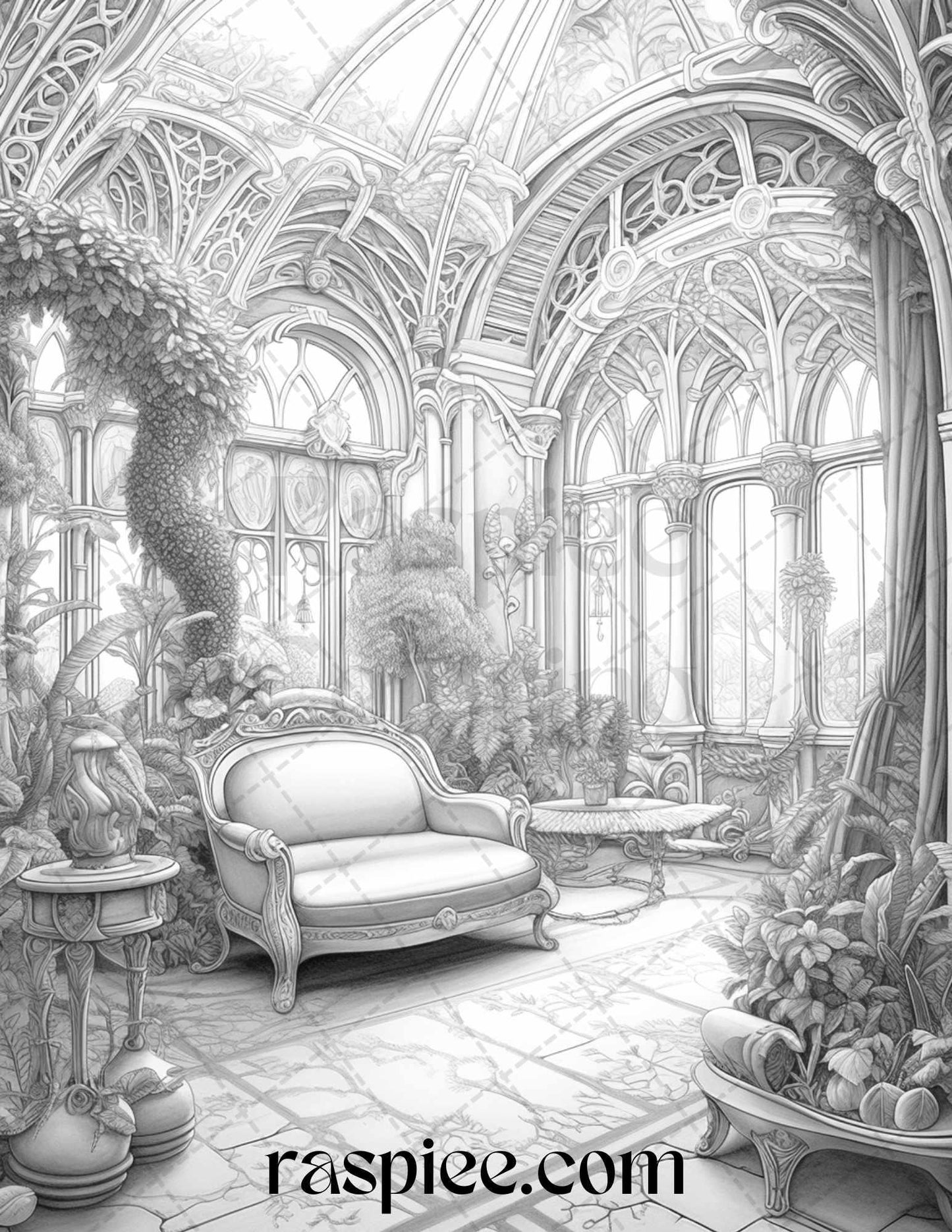Fantasy Interior Grayscale Coloring Pages for Adults, Printable PDF File Instant Download