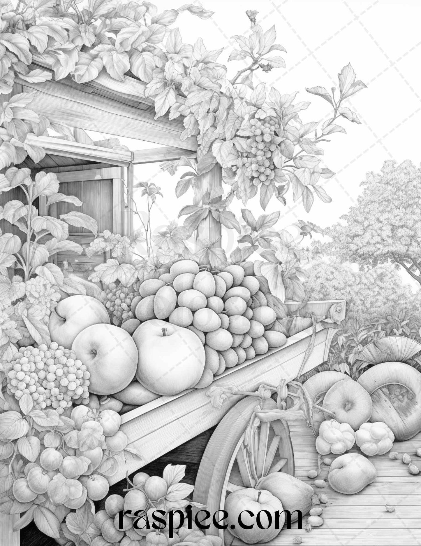 Relaxing Fruit Garden Grayscale Coloring Pages Printable for Adults, PDF File Instant Download