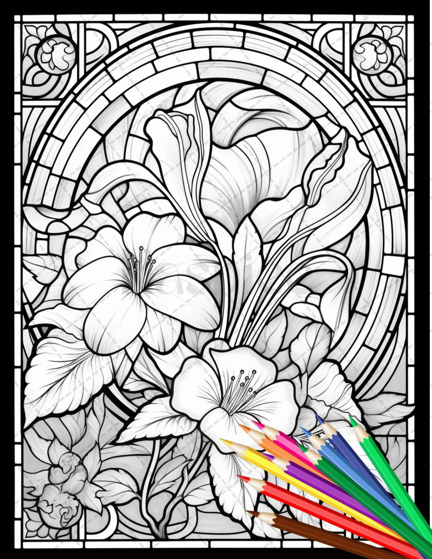 30 Stained Glass Flowers Grayscale Coloring Pages Printable for Adults, PDF File Instant Download