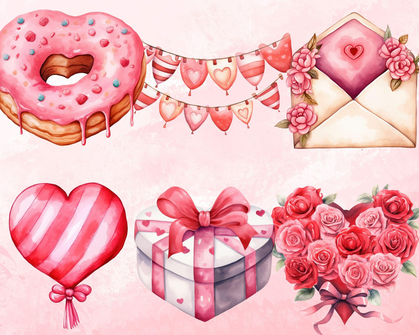 Romantic Watercolor Valentine's Day Clipart Bundle, 73 PNG High-Res Files for Commercial Use
