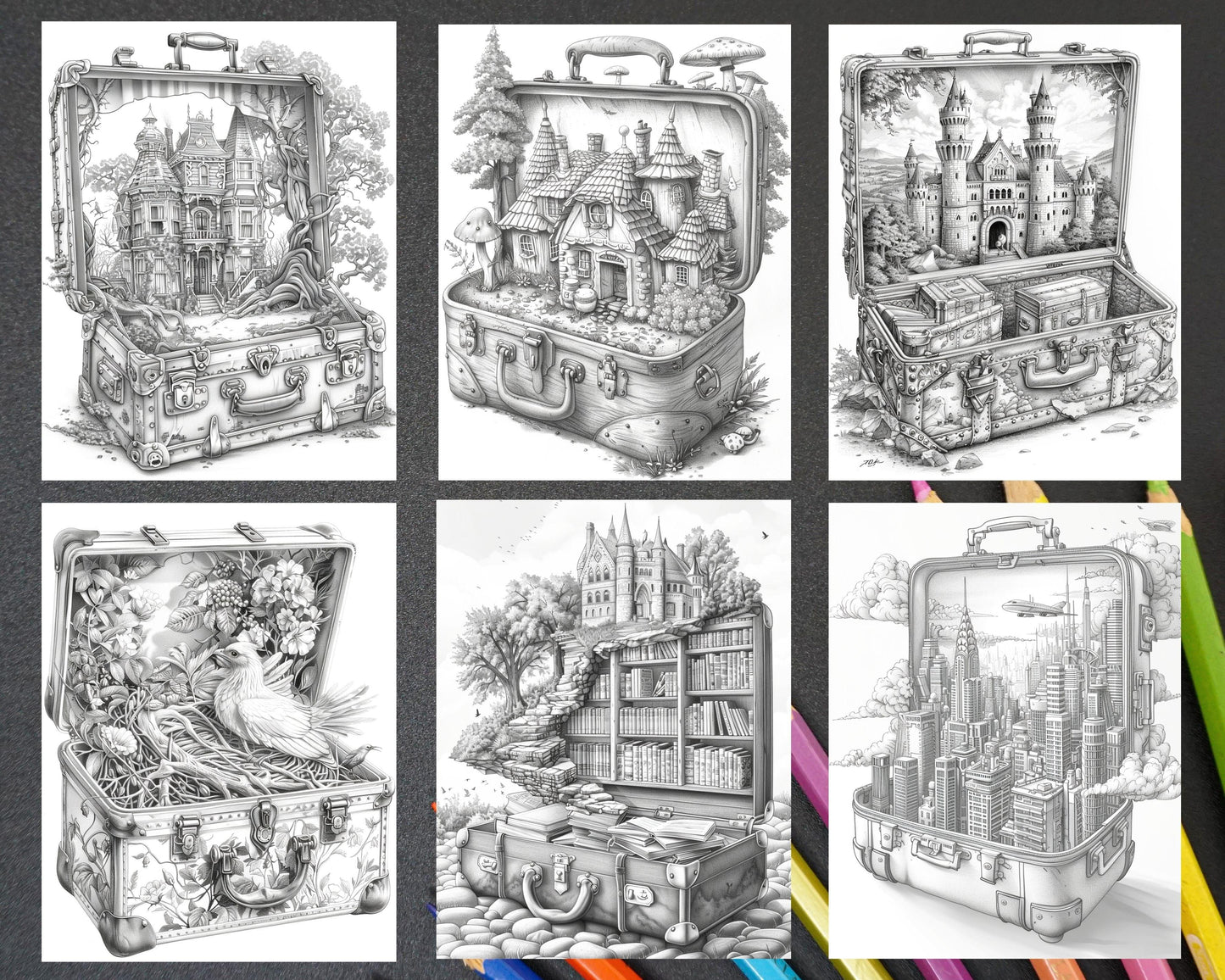67 Worlds in a Suitcase Grayscale Adult Coloring Pages, Printable PDF Instant Download