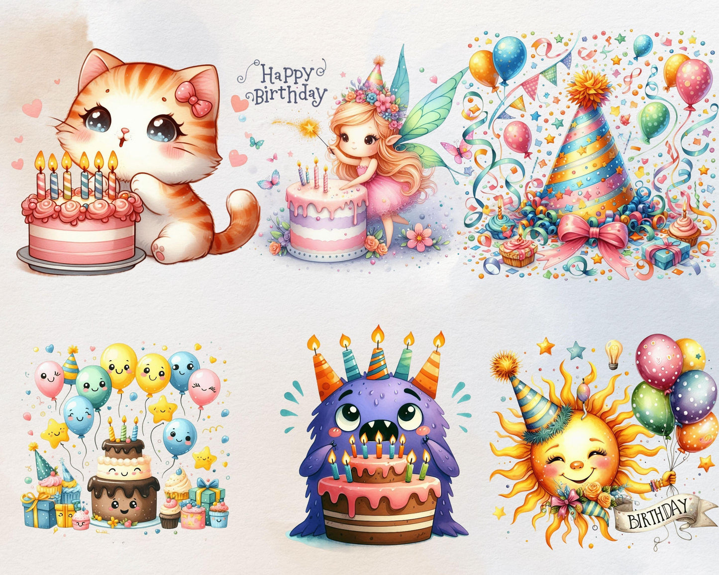 Watercolor Happy Birthday Clipart Bundle, 70 PNG High-Res Files for DIY Projects and Commercial Use