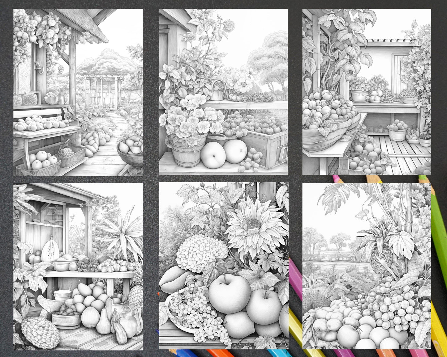 Relaxing Fruit Garden Grayscale Coloring Pages Printable for Adults, PDF File Instant Download
