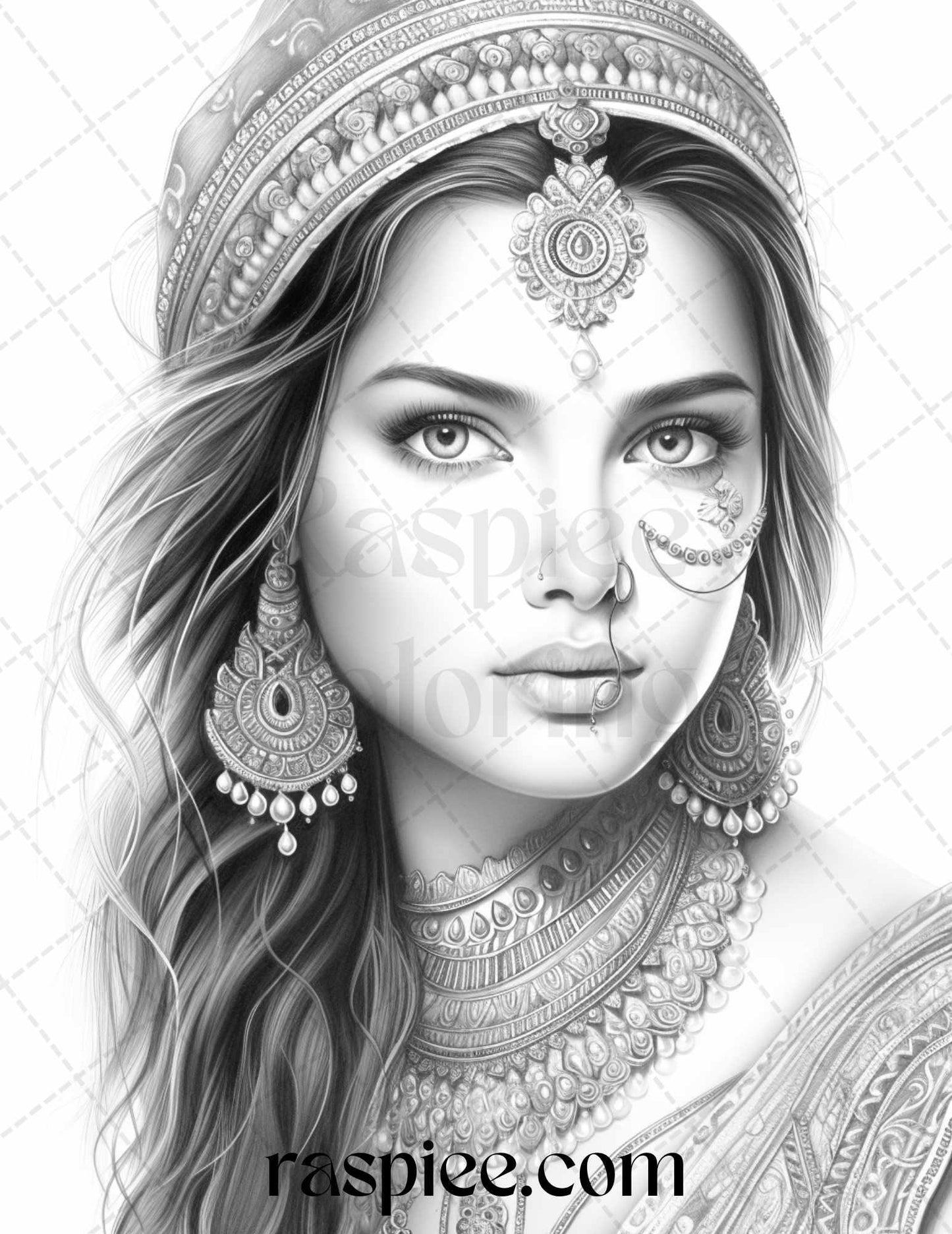 50 Beautiful Indian Women Grayscale Coloring Pages for Adults, Printable PDF File Instant Download