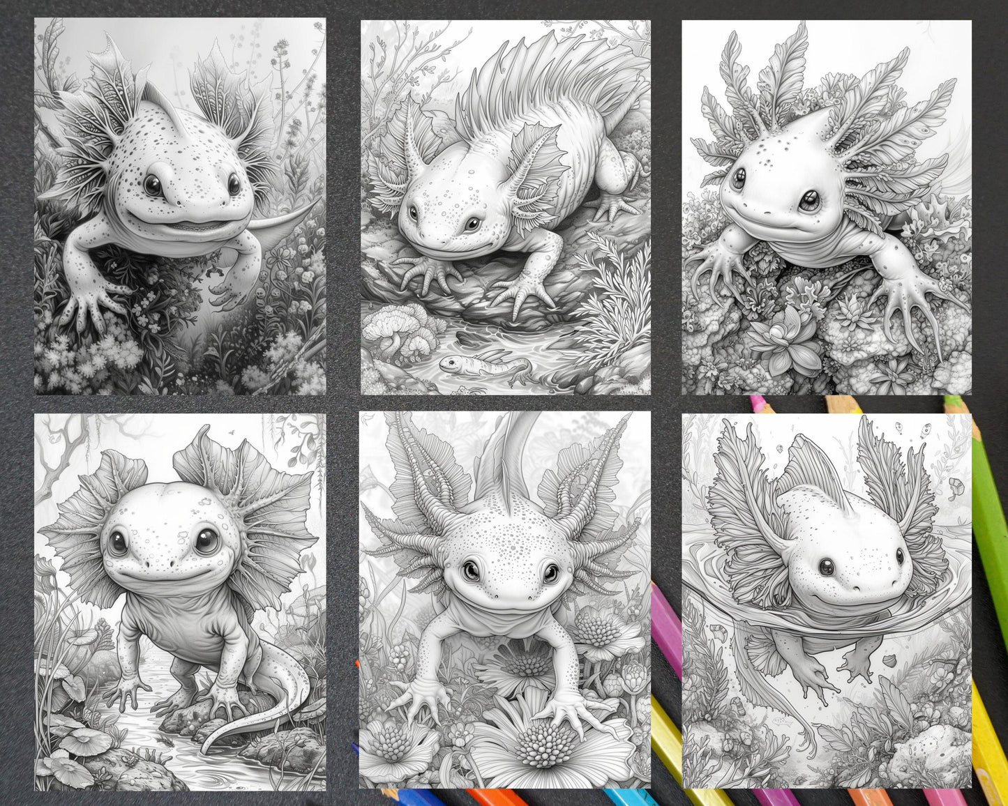 55 Fantasy Alien Axolotl Grayscale Adult Coloring Pages, Printable PDF Instant Download