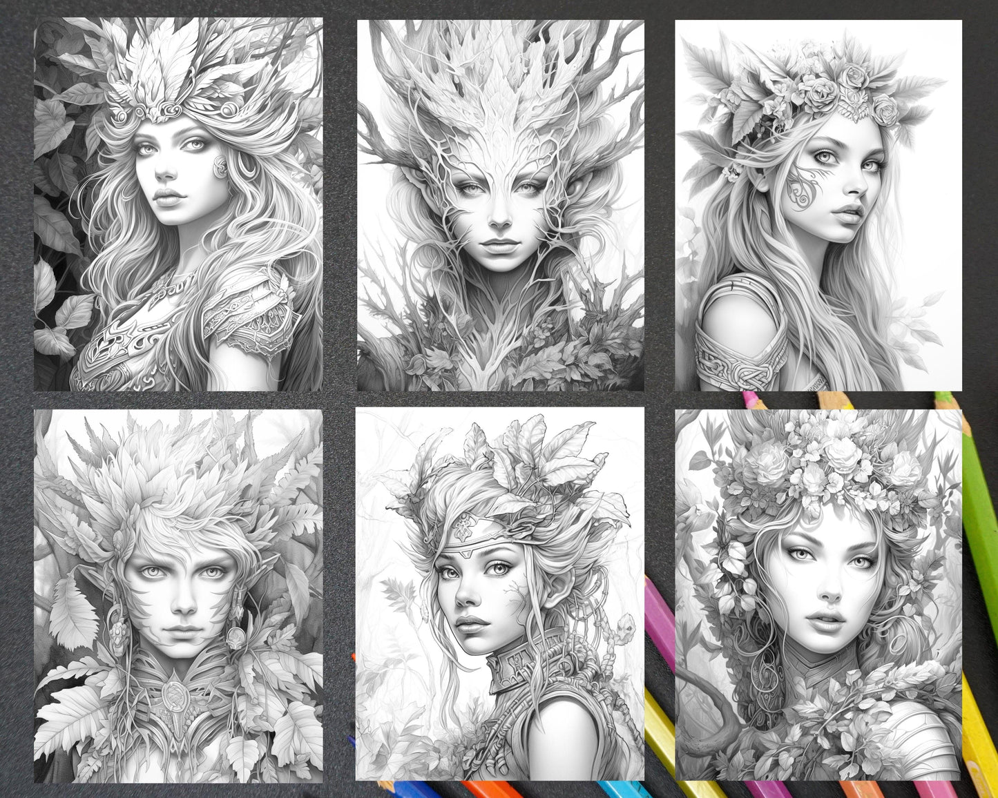 50 Fantasy Forest Elves Grayscale Coloring Pages for Adults, Printable PDF Instant Download