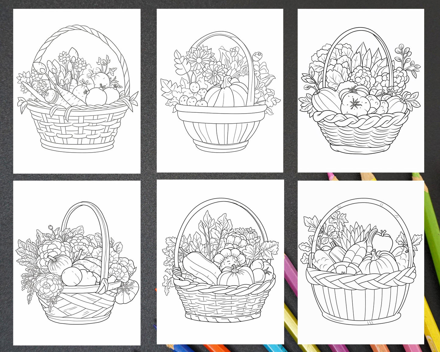 Vegetable Basket Coloring Book for Adults and Kids, 100 Printable Pages PDF Instant Download