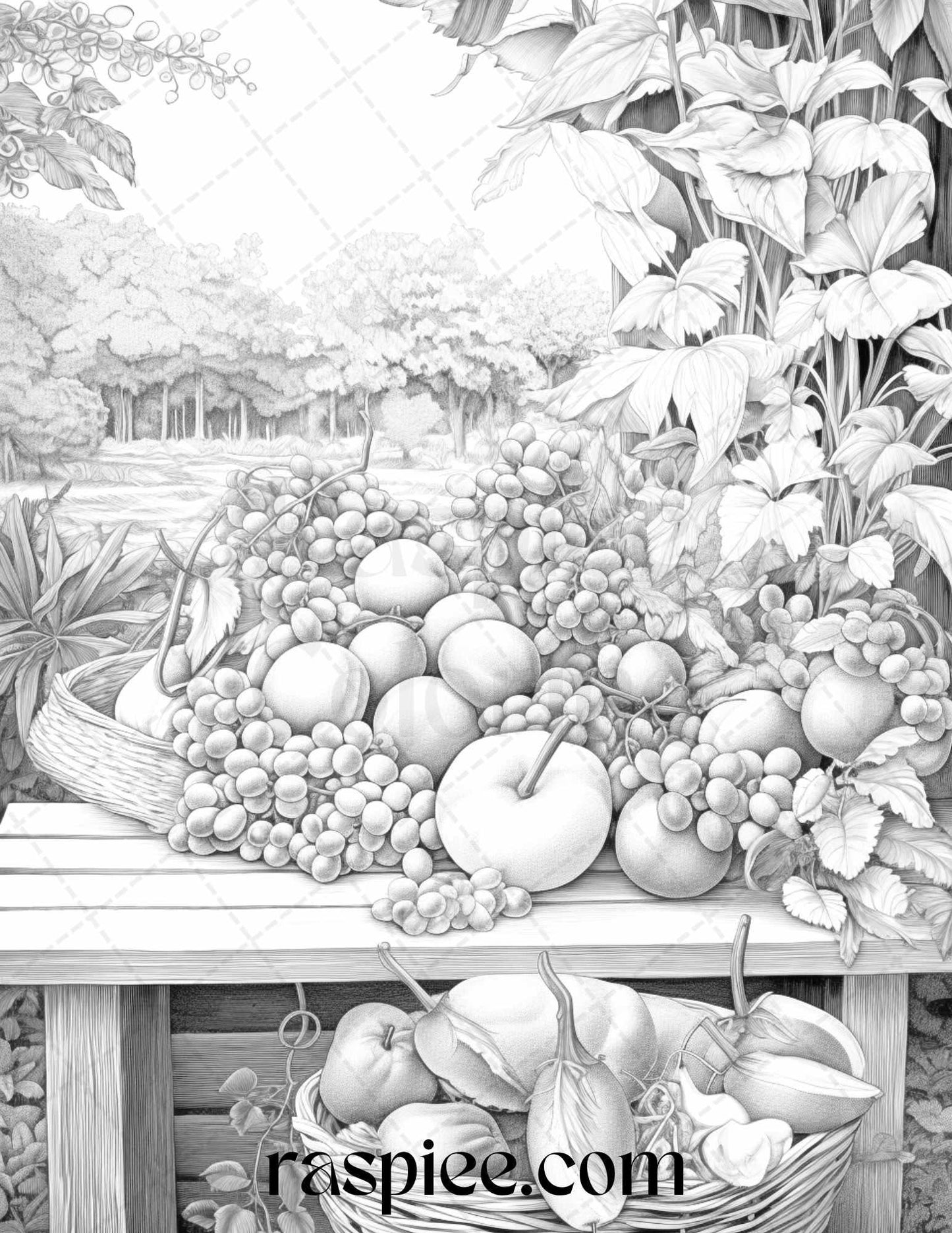 Relaxing Fruit Garden Grayscale Coloring Pages Printable for Adults, PDF File Instant Download
