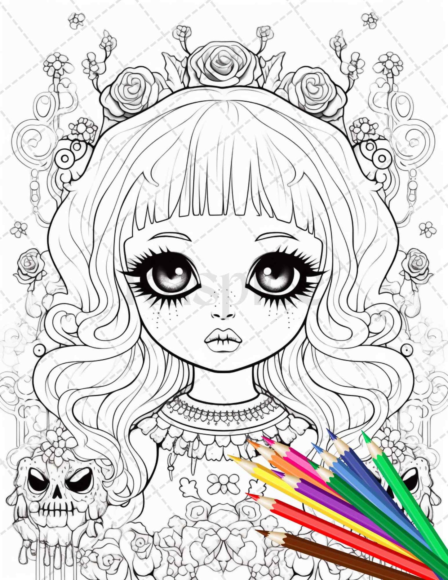 32 Creepy Kawaii Pastel Goth Coloring Pages Printable for Adults, Grayscale Coloring Page, PDF File Instant Download