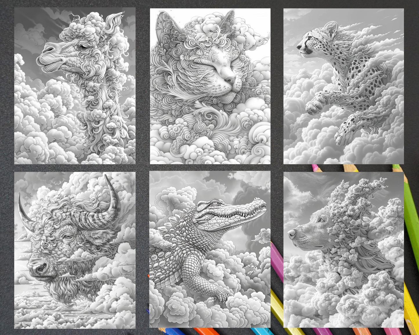 80 Fantasy Animal Cloud Grayscale Adult Coloring Pages, Printable PDF Instant Download