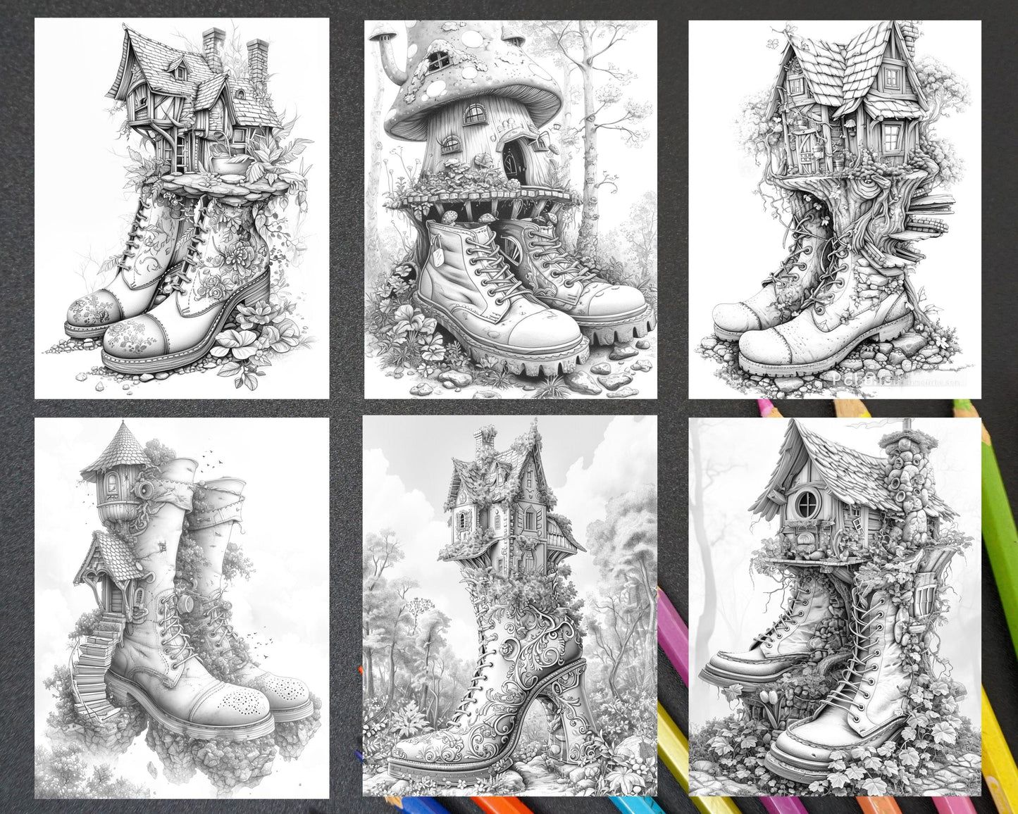 80 Fantasy Shoe House Grayscale Adult Coloring Pages, Printable PDF Instant Download