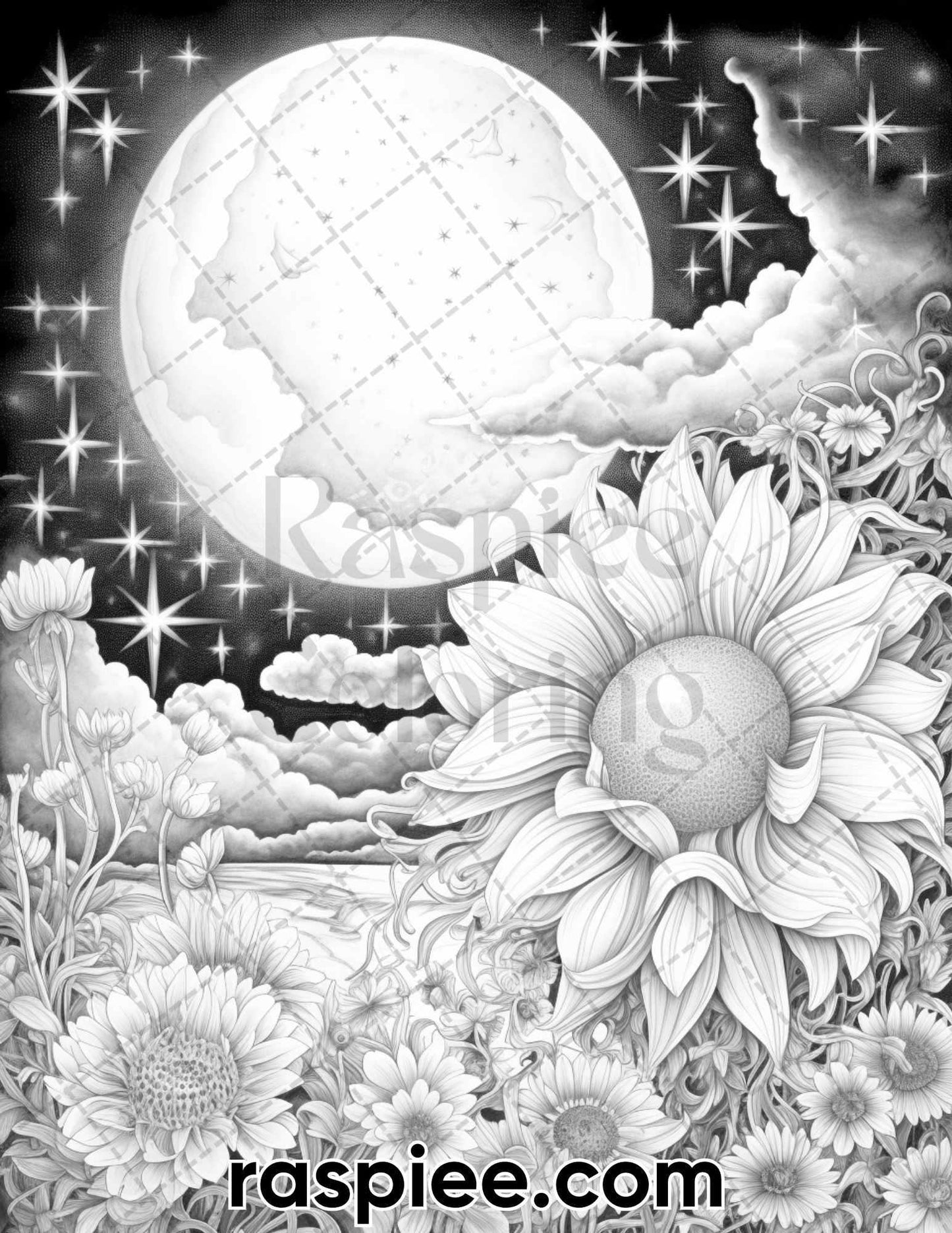 50 Flowers Under Moonlight Grayscale Coloring Pages for Adults, Printable PDF Instant Download