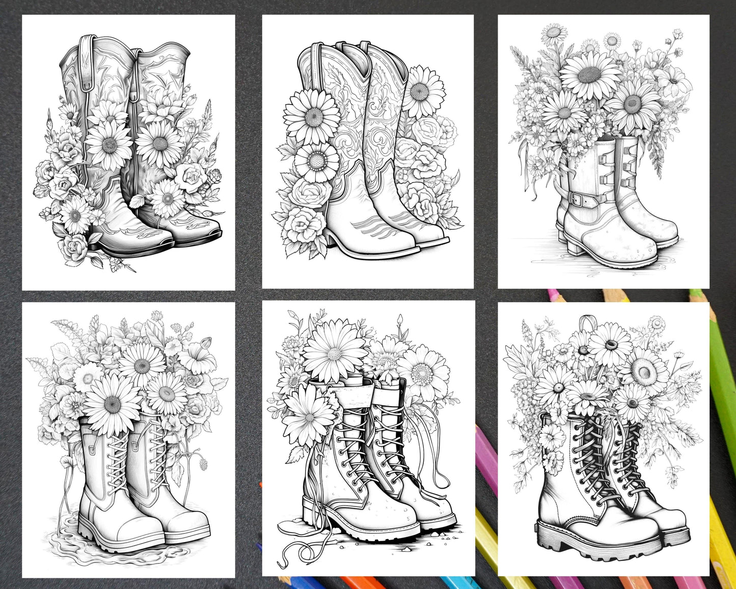 32 Flower Boots Coloring Pages Printable for Adults, Floral Grayscale Coloring Page, PDF File Instant Download