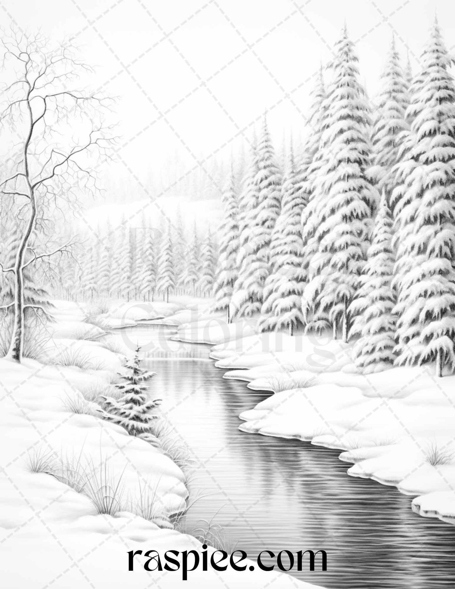 Winter Scenery Grayscale Coloring Pages Printable, Relaxing Snowy Landscapes, PDF File Instant Download